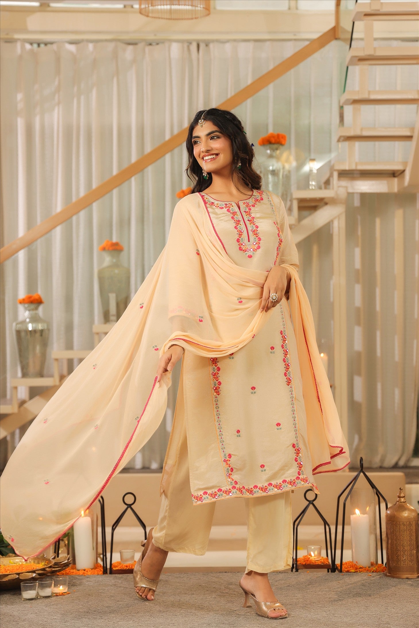 Beige Shimmer Tissue Embroidered Straight Suit Set