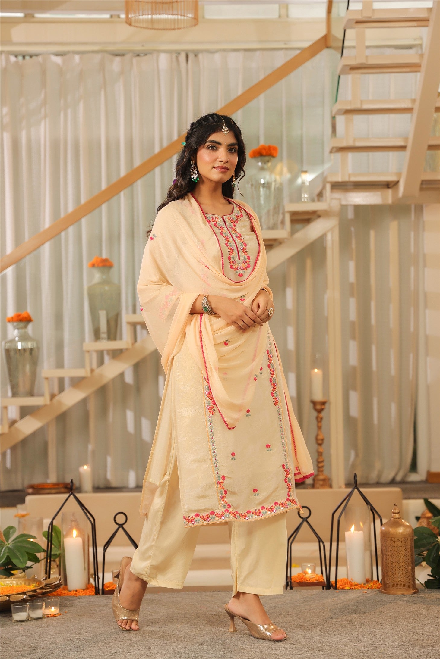 Beige Shimmer Tissue Embroidered Straight Suit Set
