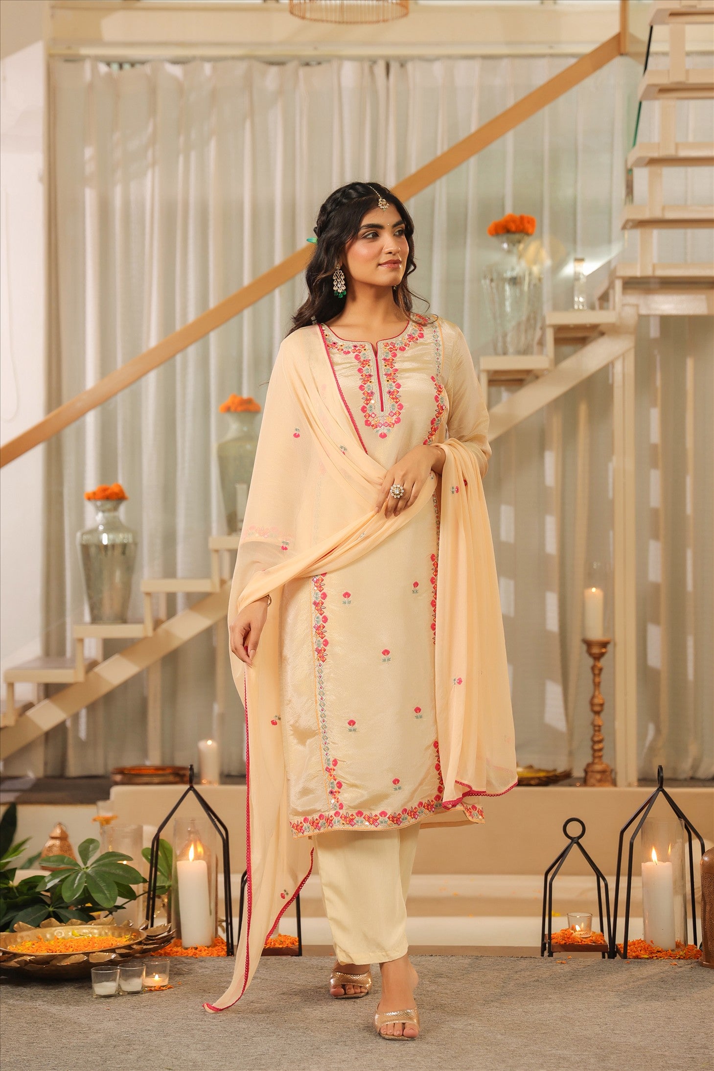 Beige Shimmer Tissue Embroidered Straight Suit Set