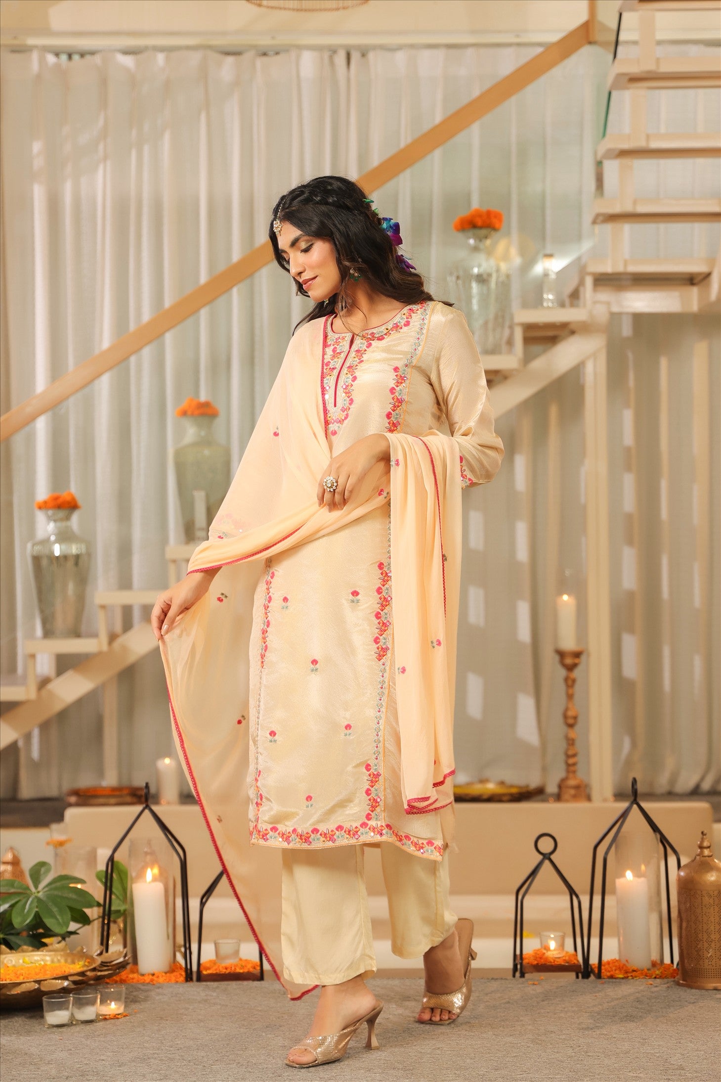 Beige Shimmer Tissue Embroidered Straight Suit Set