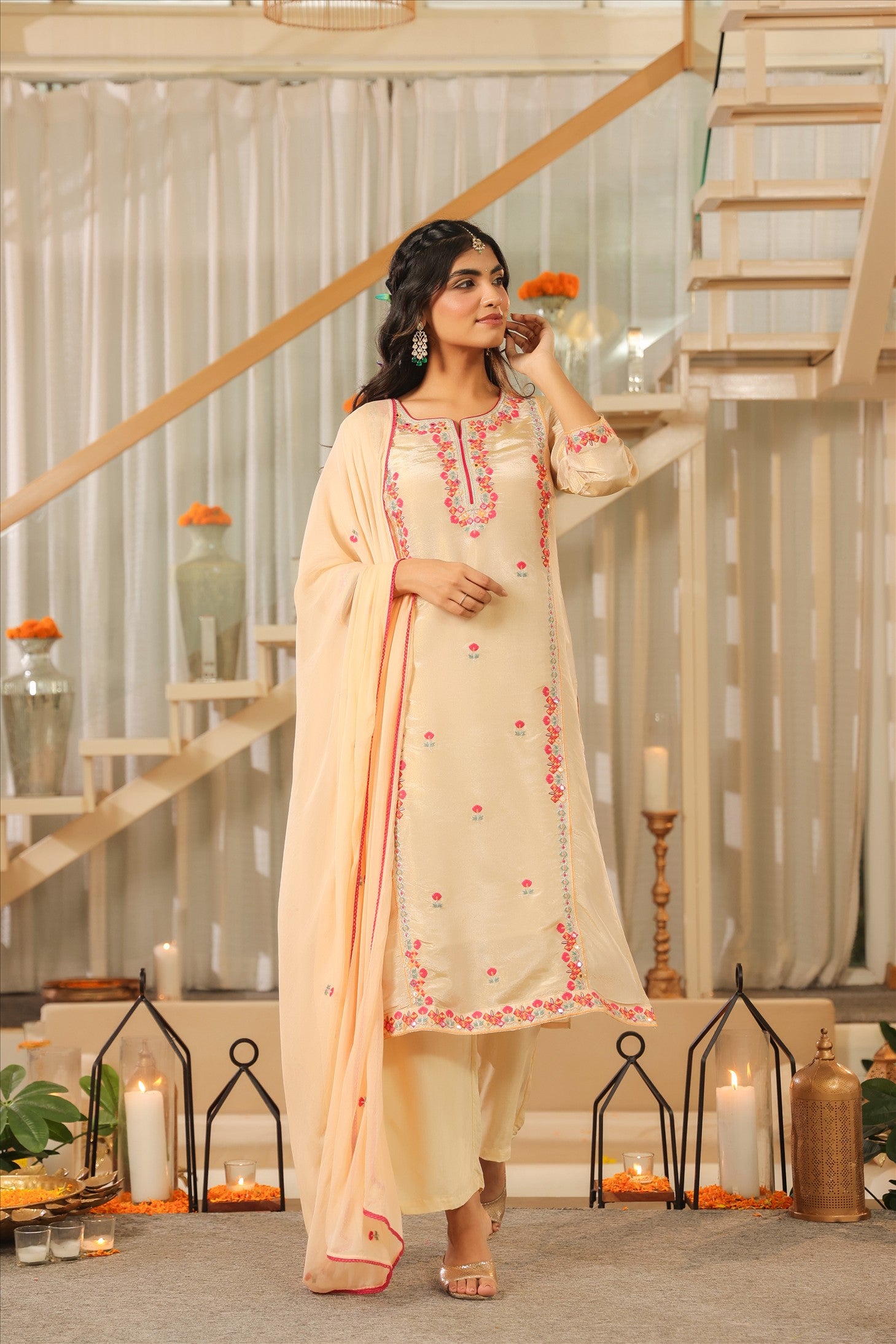 Beige Shimmer Tissue Embroidered Straight Suit Set