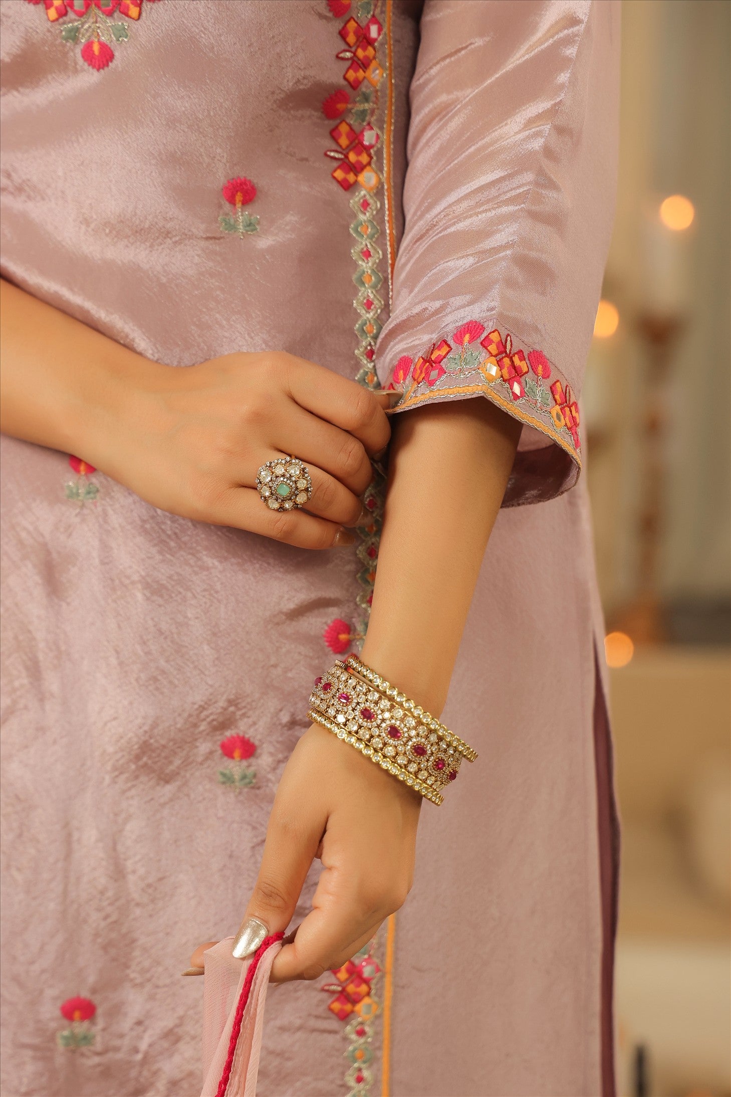 Lavender Shimmer Tissue Embroidered Straight Suit Set