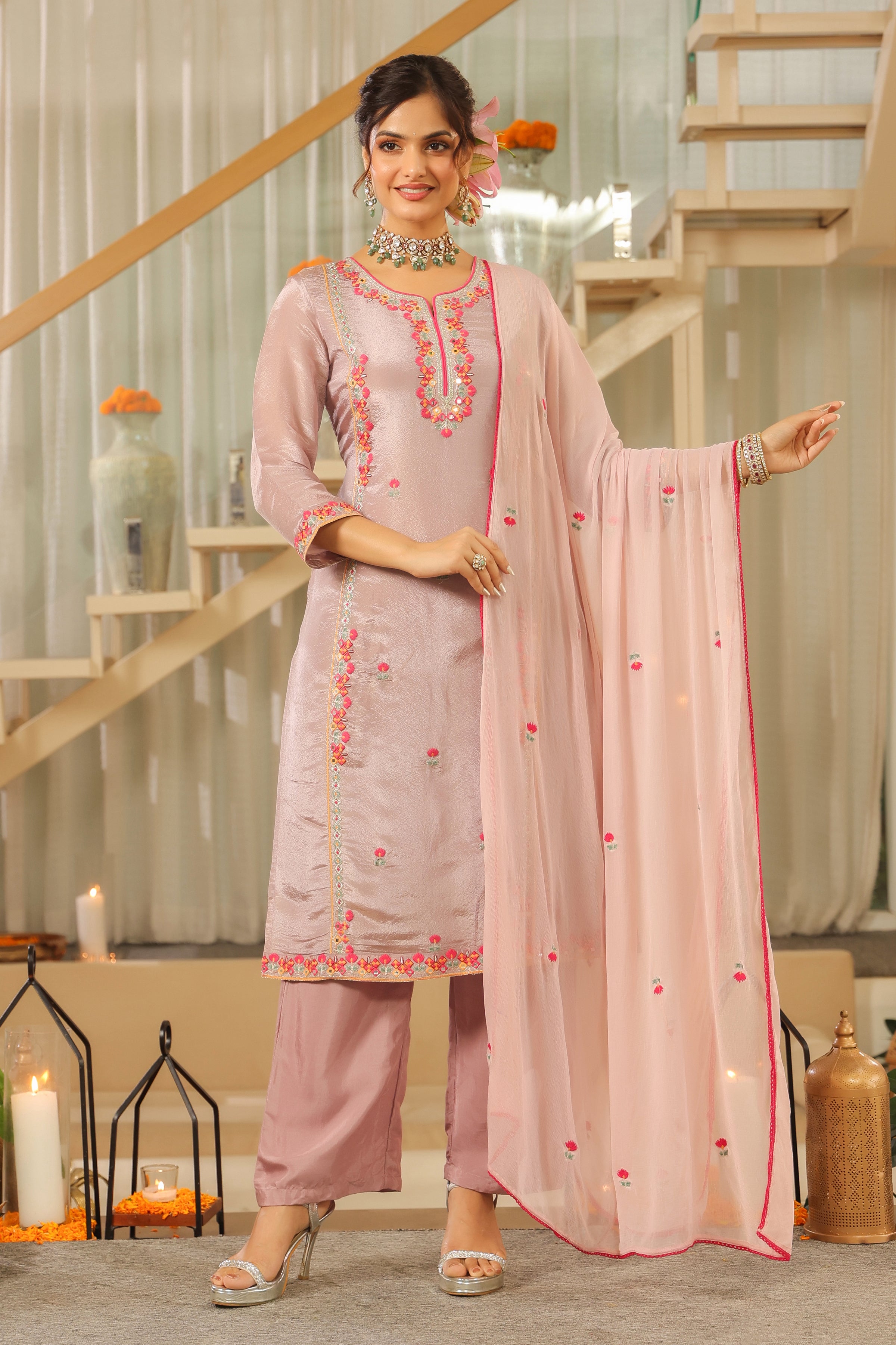 Lavender Shimmer Tissue Embroidered Straight Suit Set