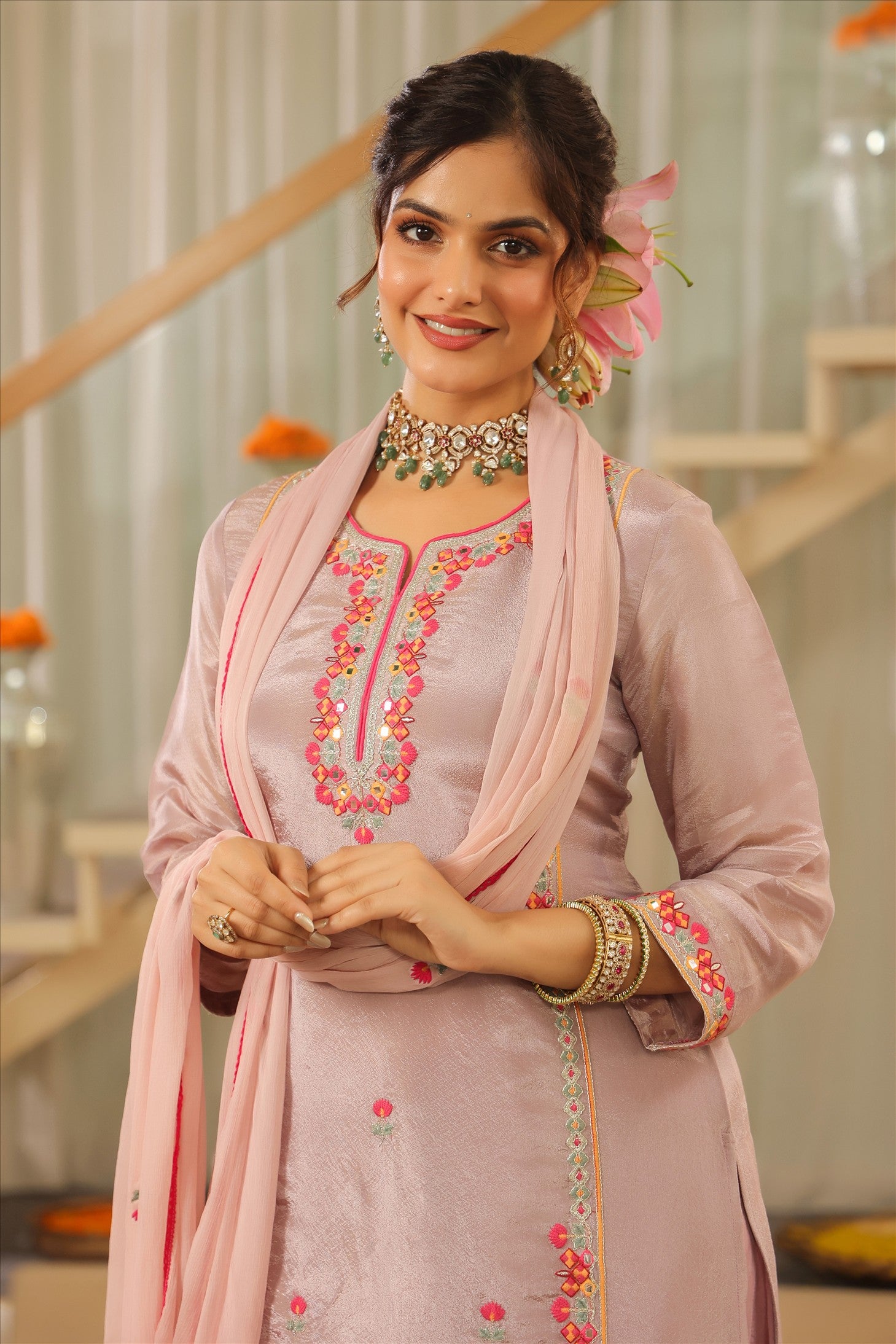 Lavender Shimmer Tissue Embroidered Straight Suit Set