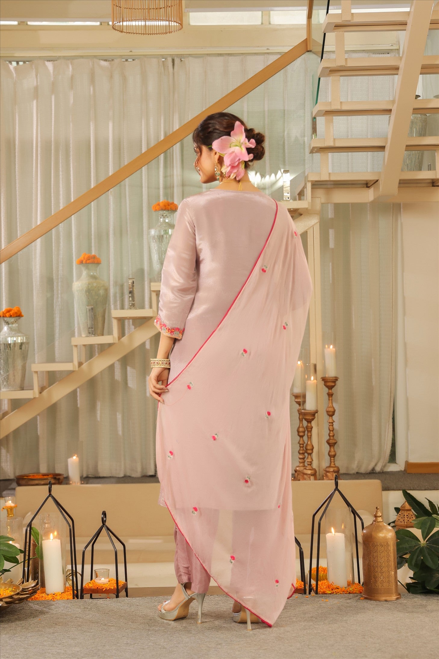 Lavender Shimmer Tissue Embroidered Straight Suit Set