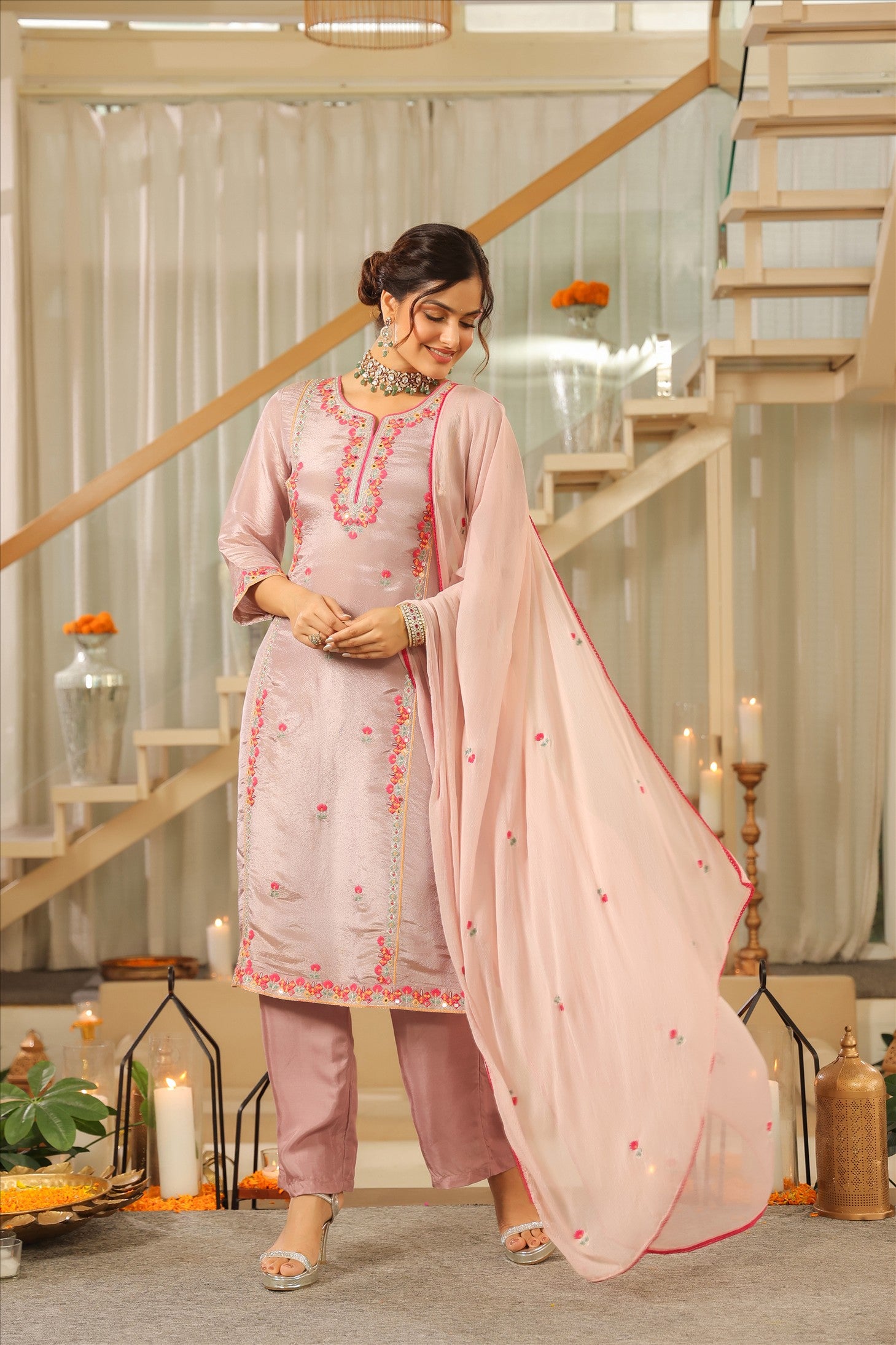 Lavender Shimmer Tissue Embroidered Straight Suit Set