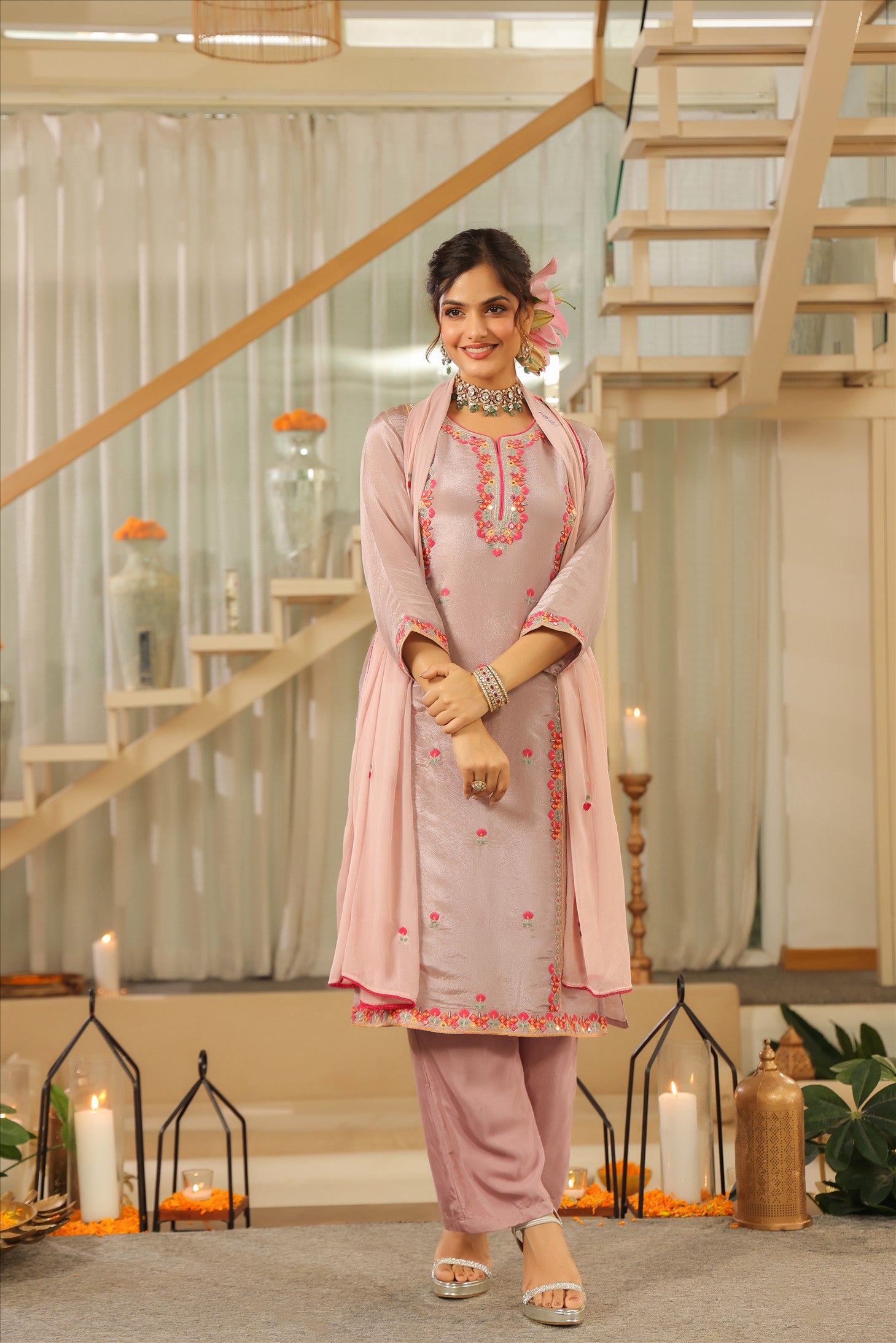 Lavender Shimmer Tissue Embroidered Straight Suit Set