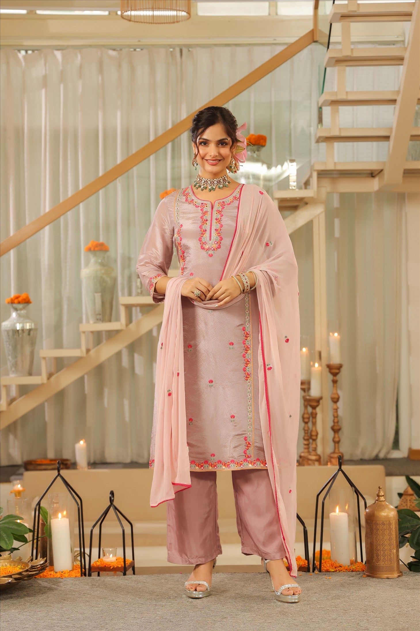 Lavender Shimmer Tissue Embroidered Straight Suit Set
