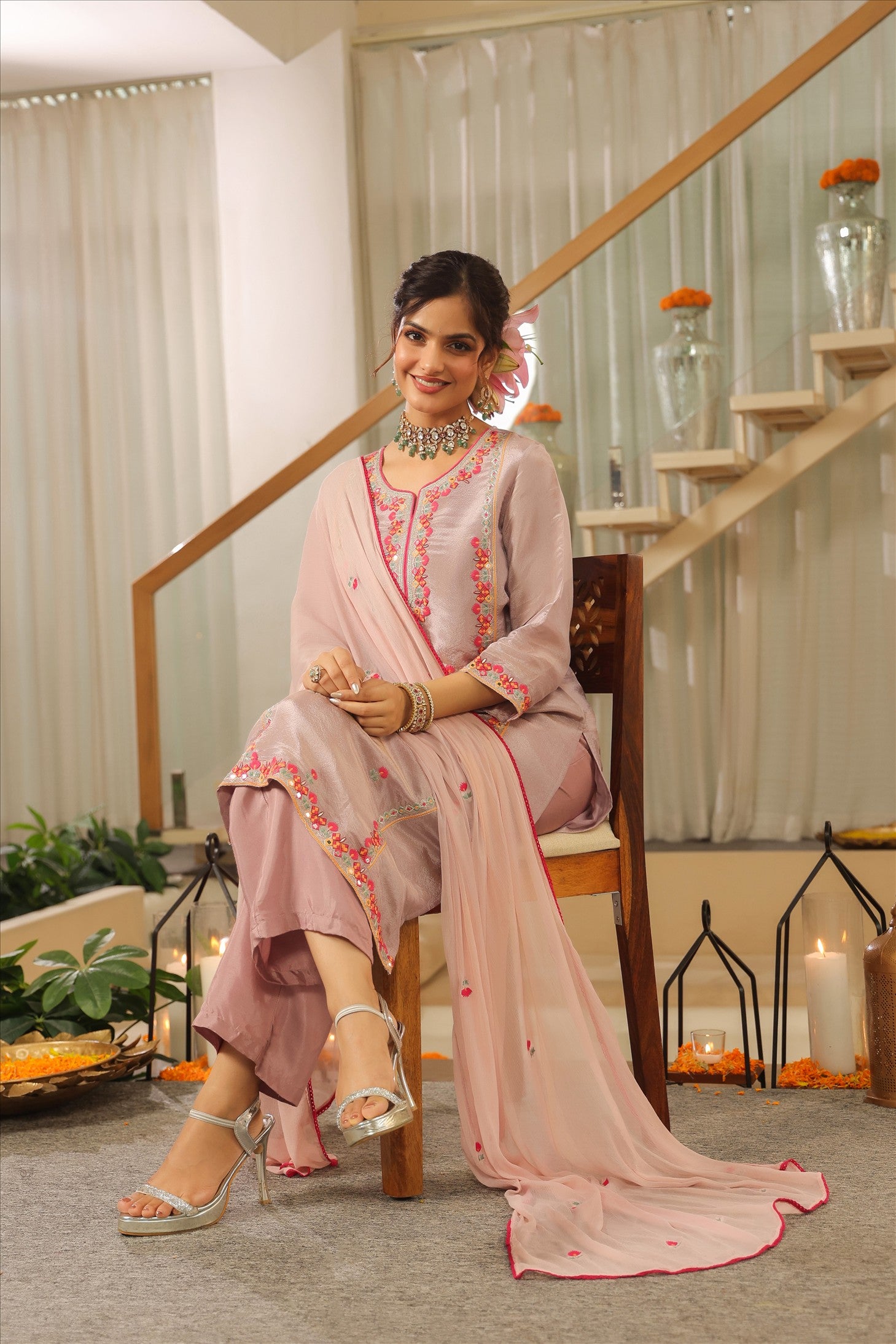 Lavender Shimmer Tissue Embroidered Straight Suit Set