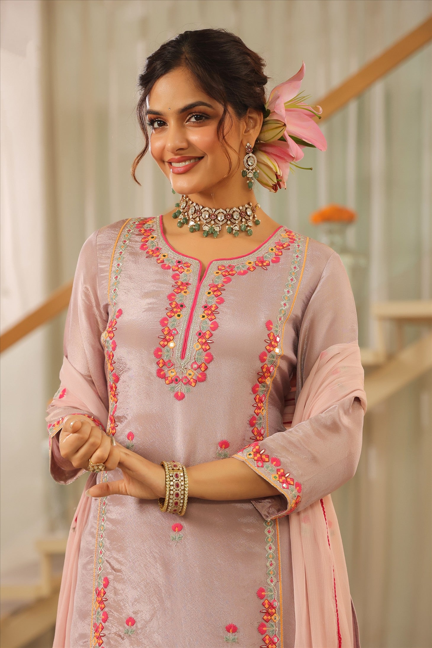 Lavender Shimmer Tissue Embroidered Straight Suit Set