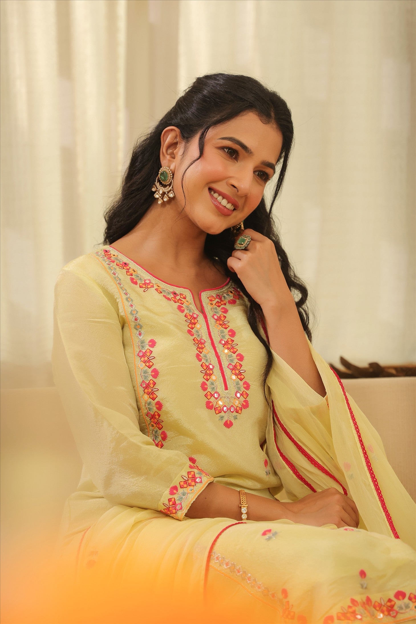 Pista Green Shimmer Tissue Embroidered Straight Suit Set