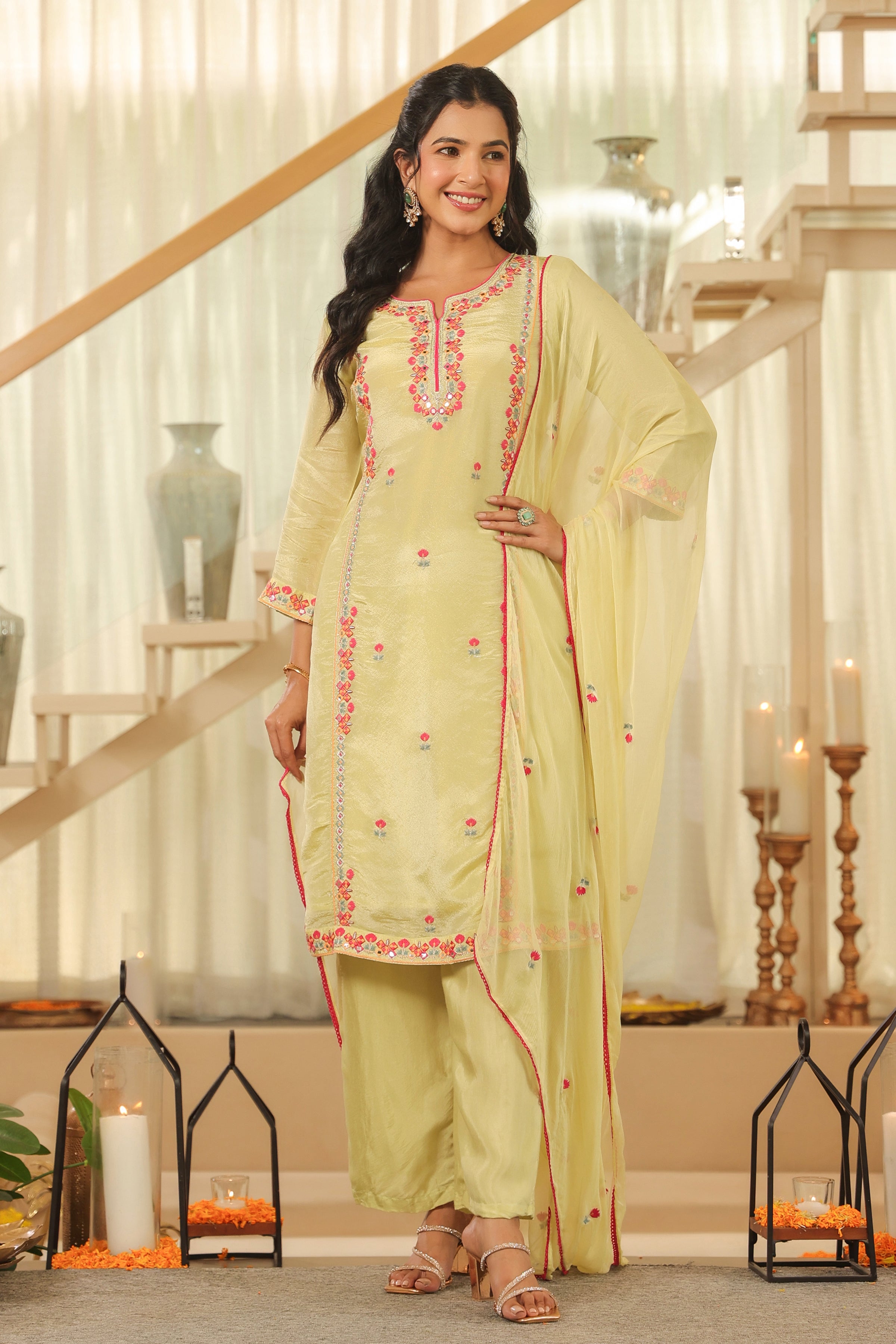 Pista Green Shimmer Tissue Embroidered Straight Suit Set