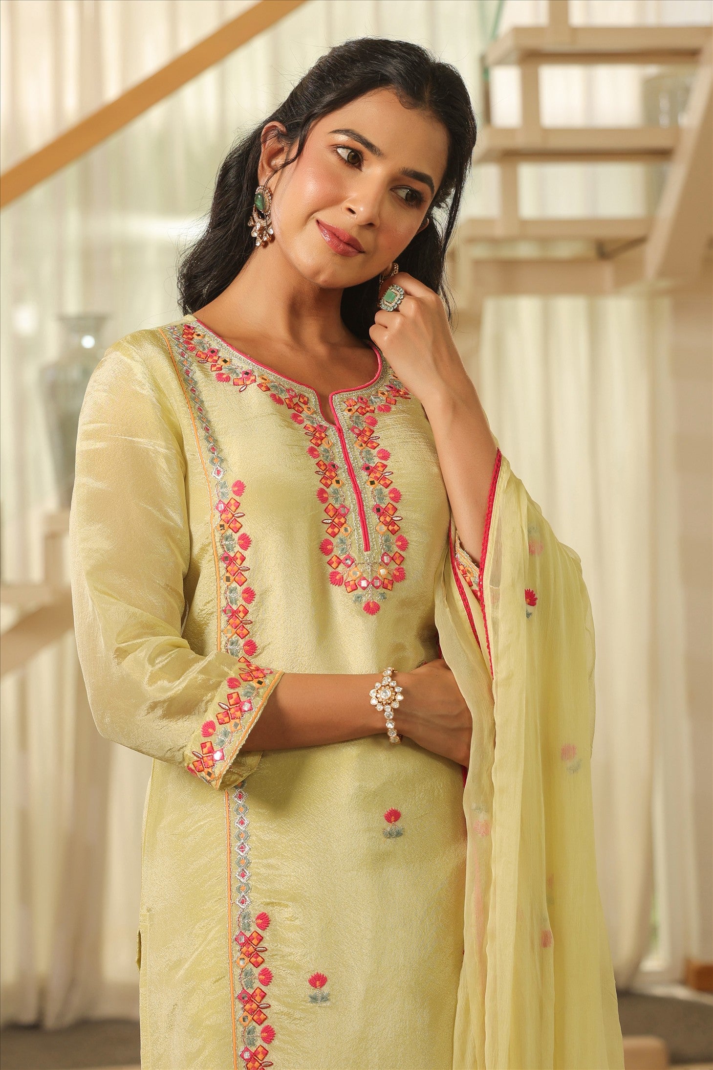 Pista Green Shimmer Tissue Embroidered Straight Suit Set