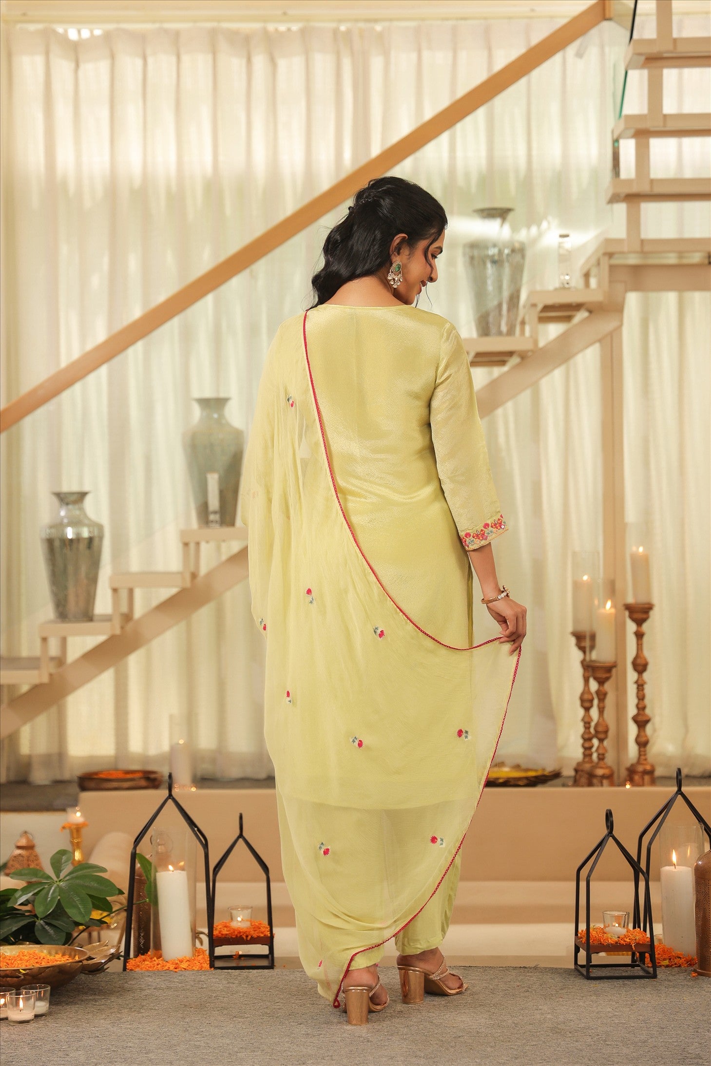 Pista Green Shimmer Tissue Embroidered Straight Suit Set