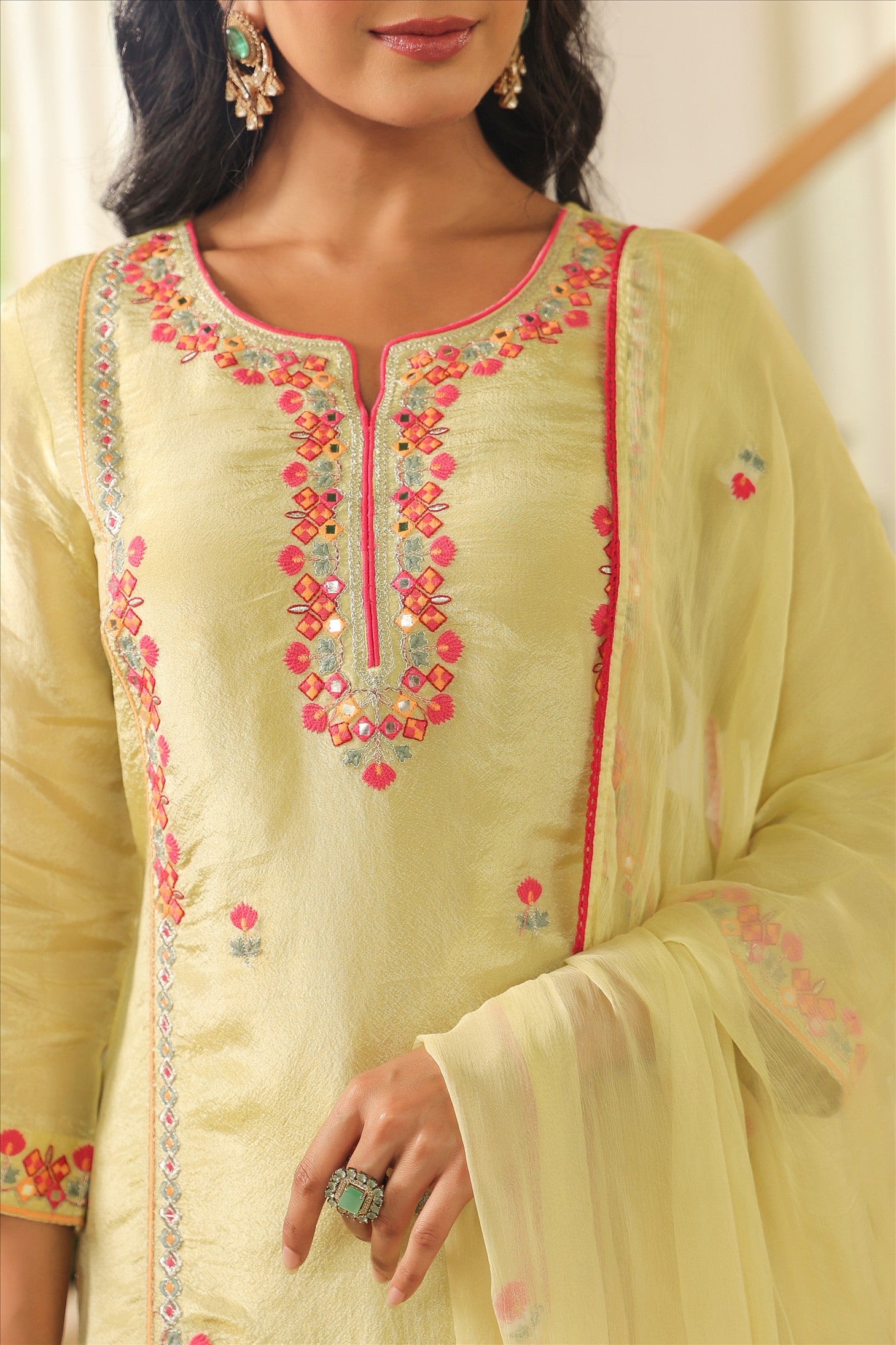 Pista Green Shimmer Tissue Embroidered Straight Suit Set