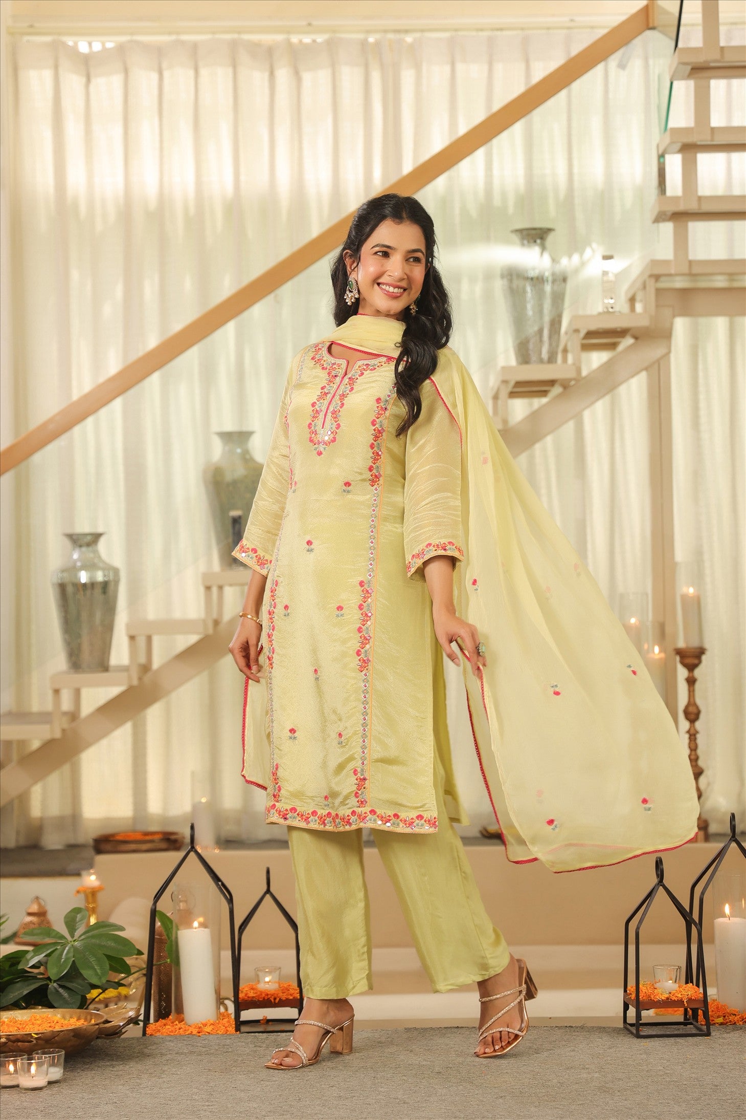 Pista Green Shimmer Tissue Embroidered Straight Suit Set