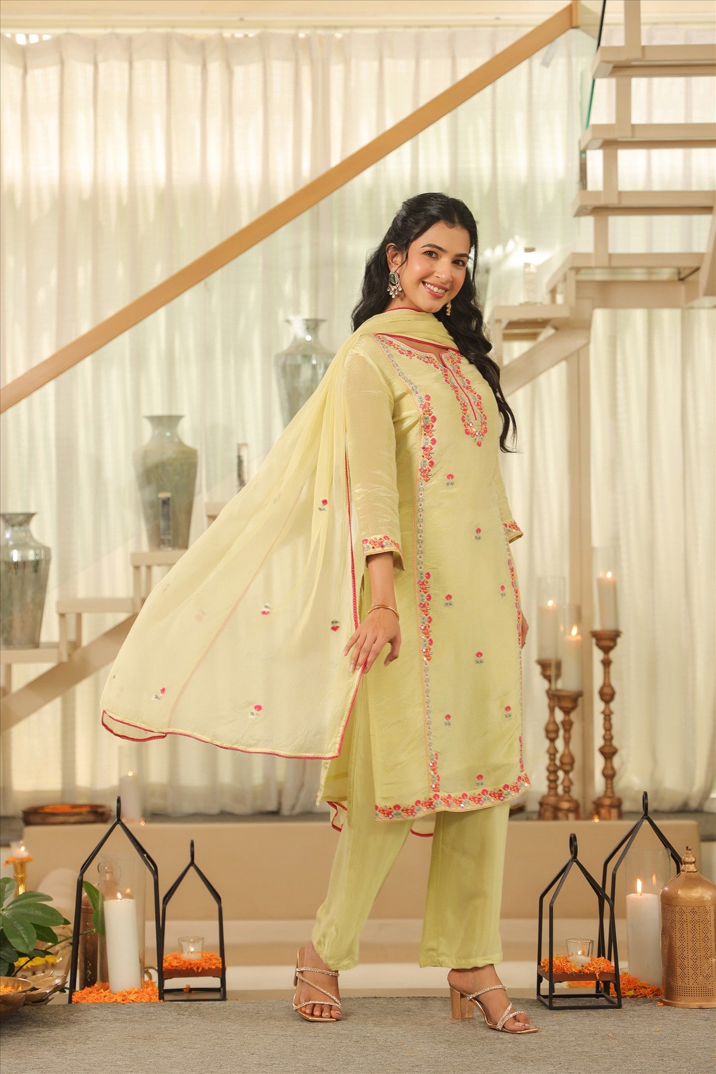 Pista Green Shimmer Tissue Embroidered Straight Suit Set