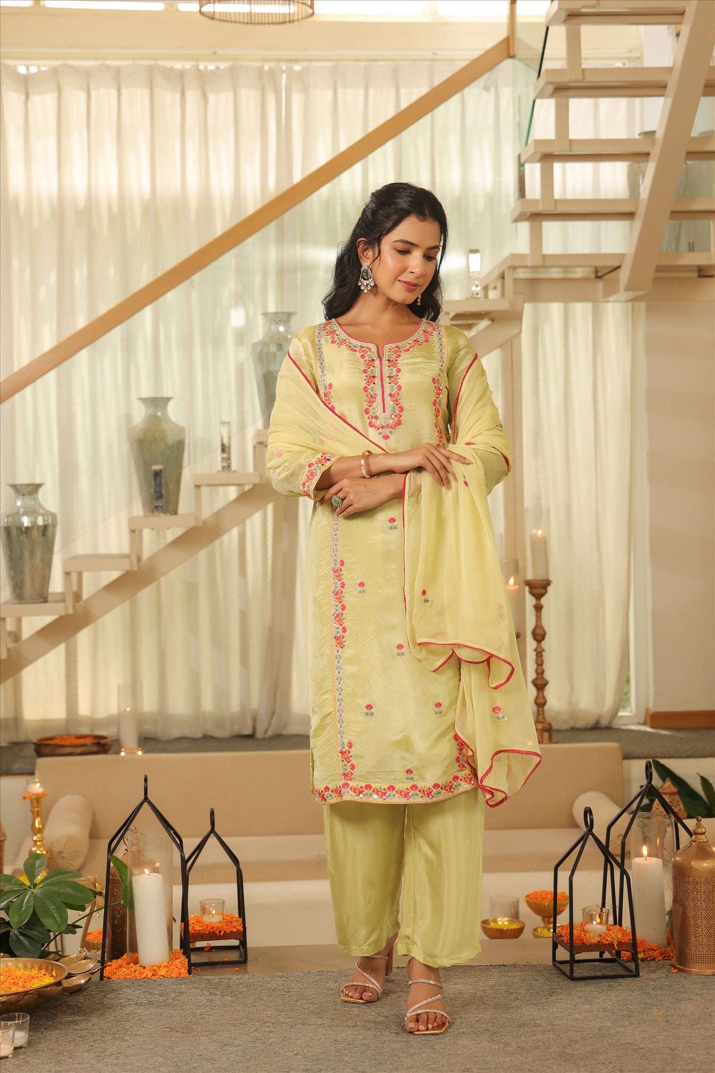 Pista Green Shimmer Tissue Embroidered Straight Suit Set