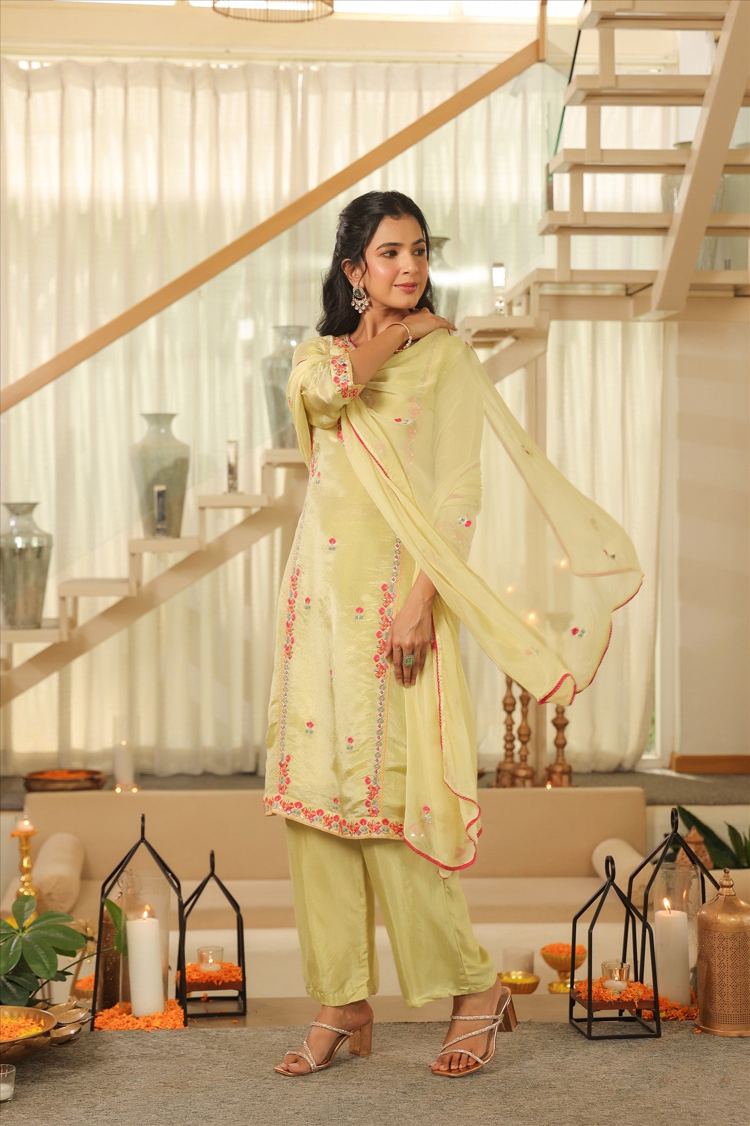 Pista Green Shimmer Tissue Embroidered Straight Suit Set