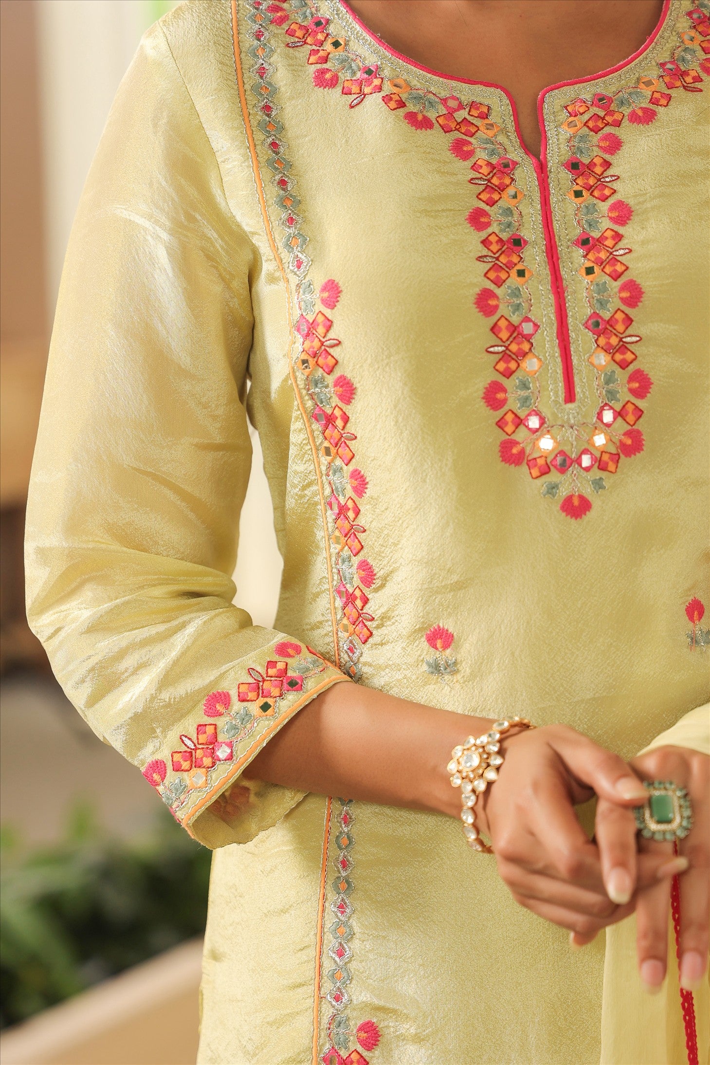 Pista Green Shimmer Tissue Embroidered Straight Suit Set