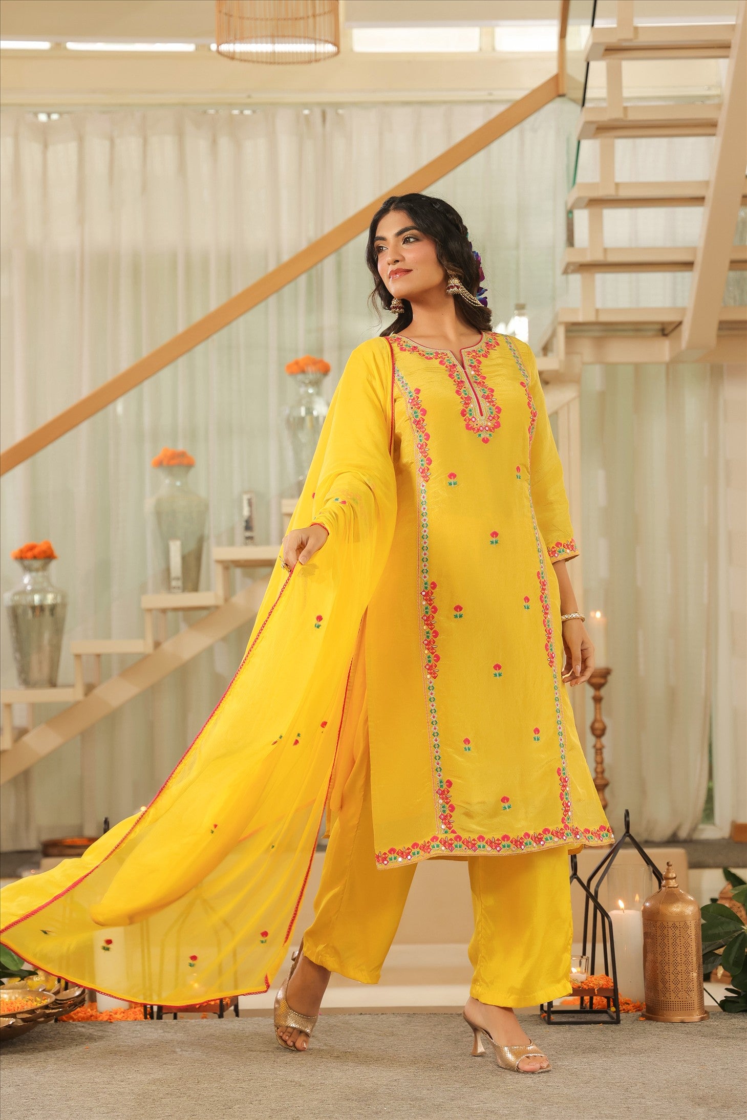 Yellow Shimmer Tissue Embroidered Straight Suit Set