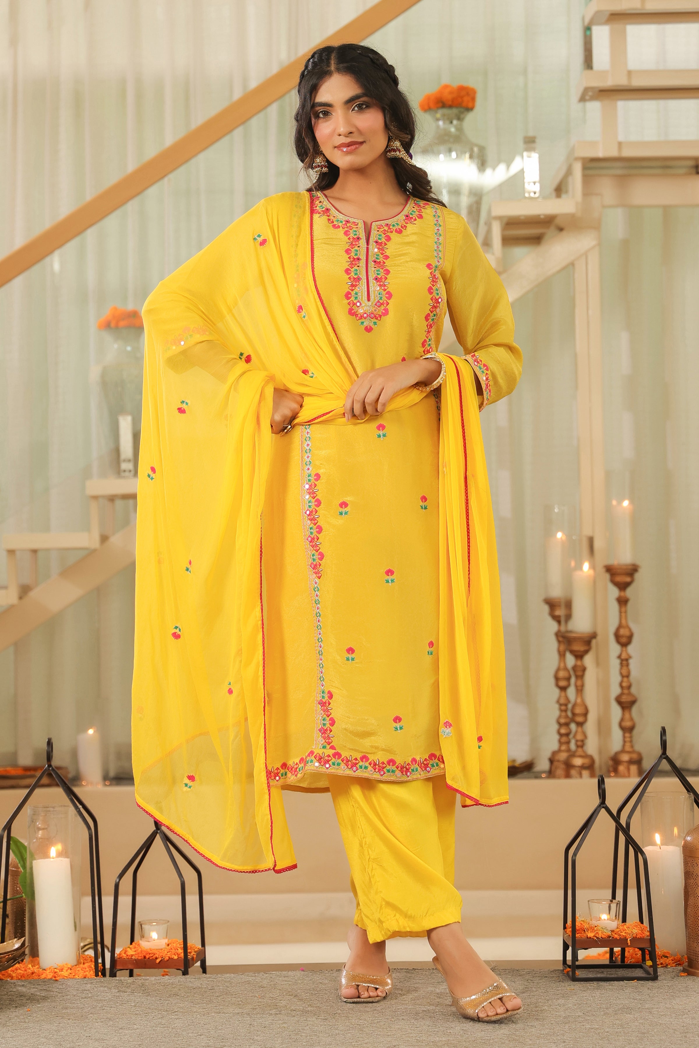 Yellow Shimmer Tissue Embroidered Straight Suit Set