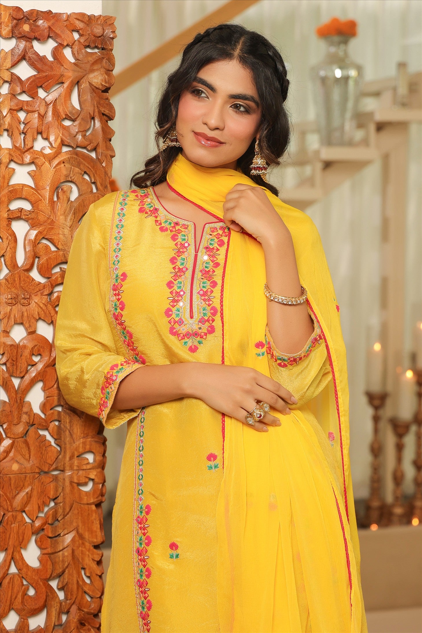 Yellow Shimmer Tissue Embroidered Straight Suit Set