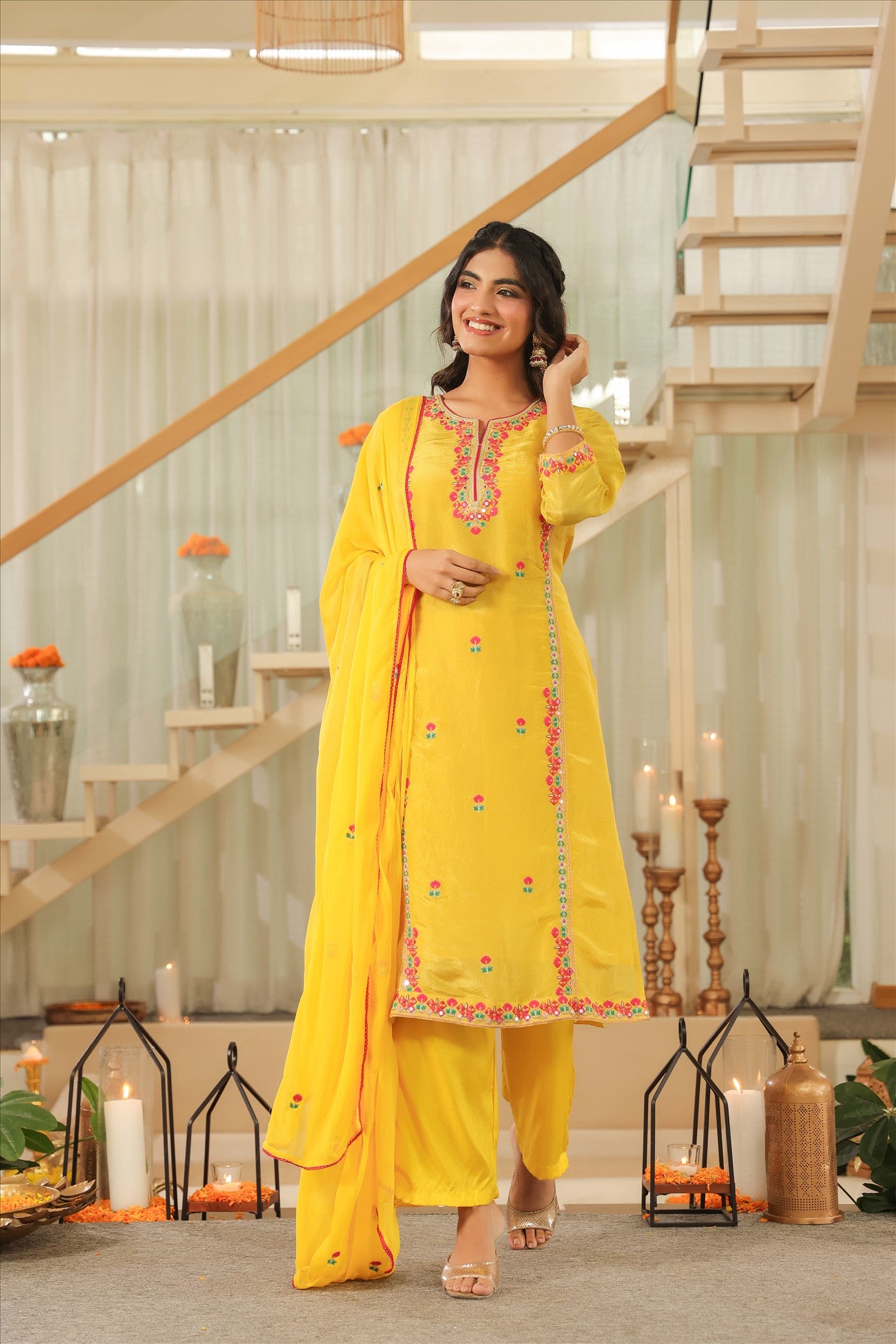 Yellow Shimmer Tissue Embroidered Straight Suit Set
