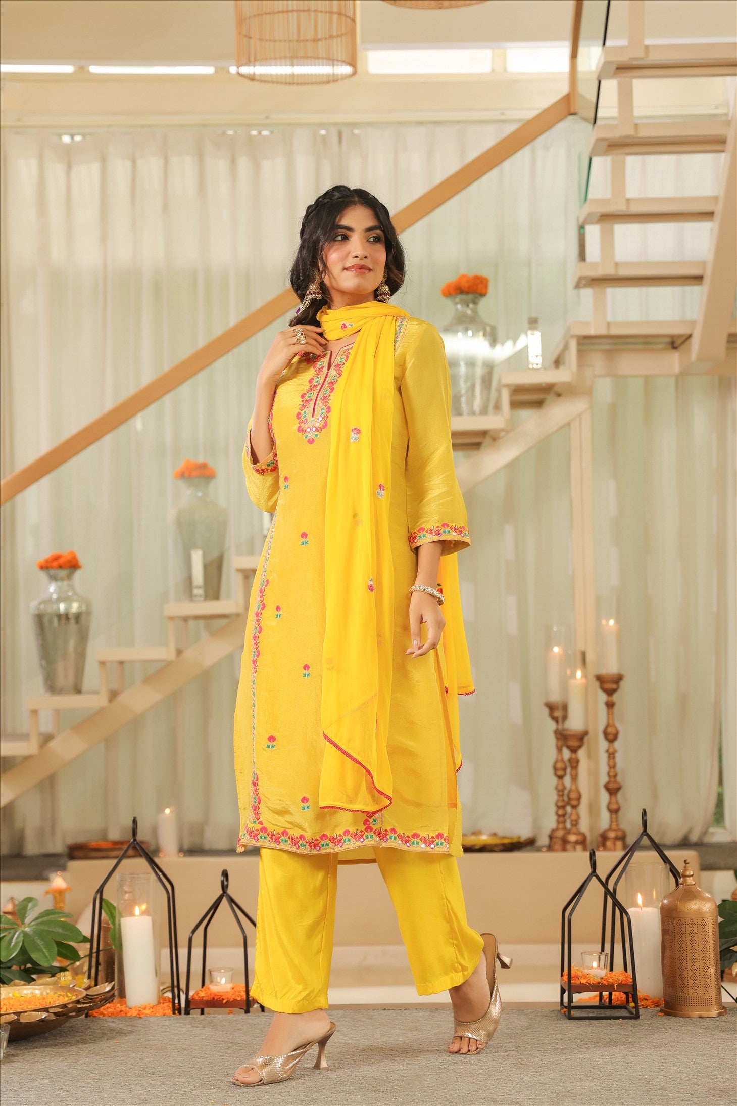 Yellow Shimmer Tissue Embroidered Straight Suit Set