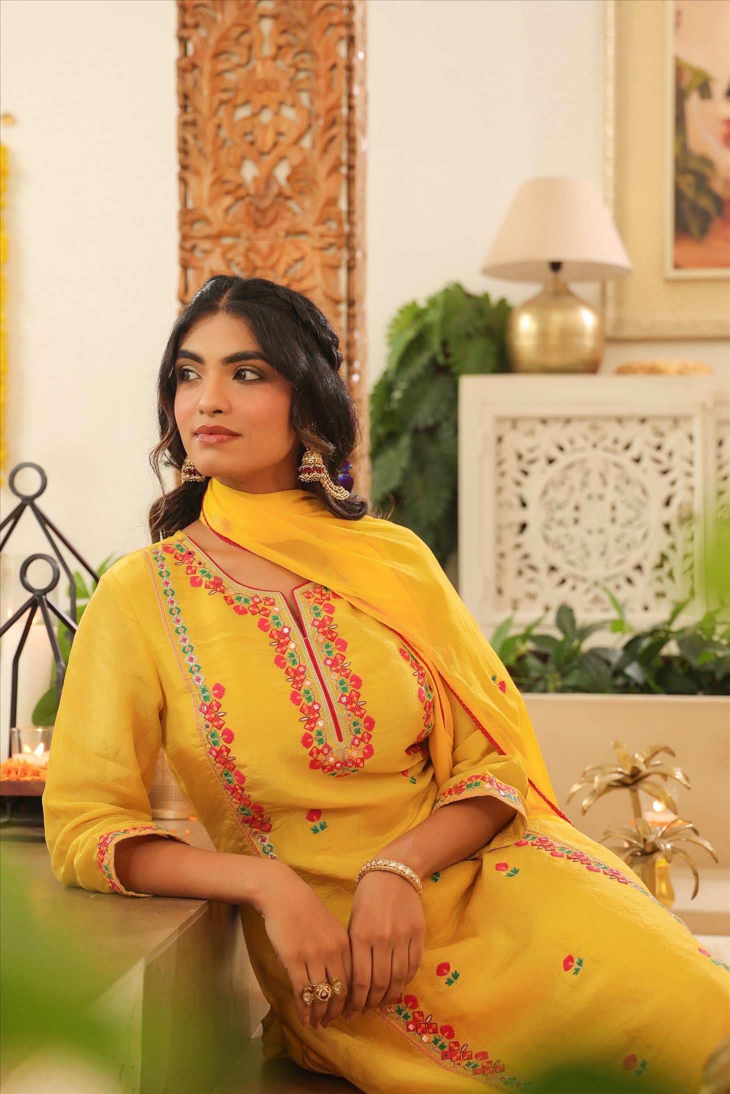 Yellow Shimmer Tissue Embroidered Straight Suit Set