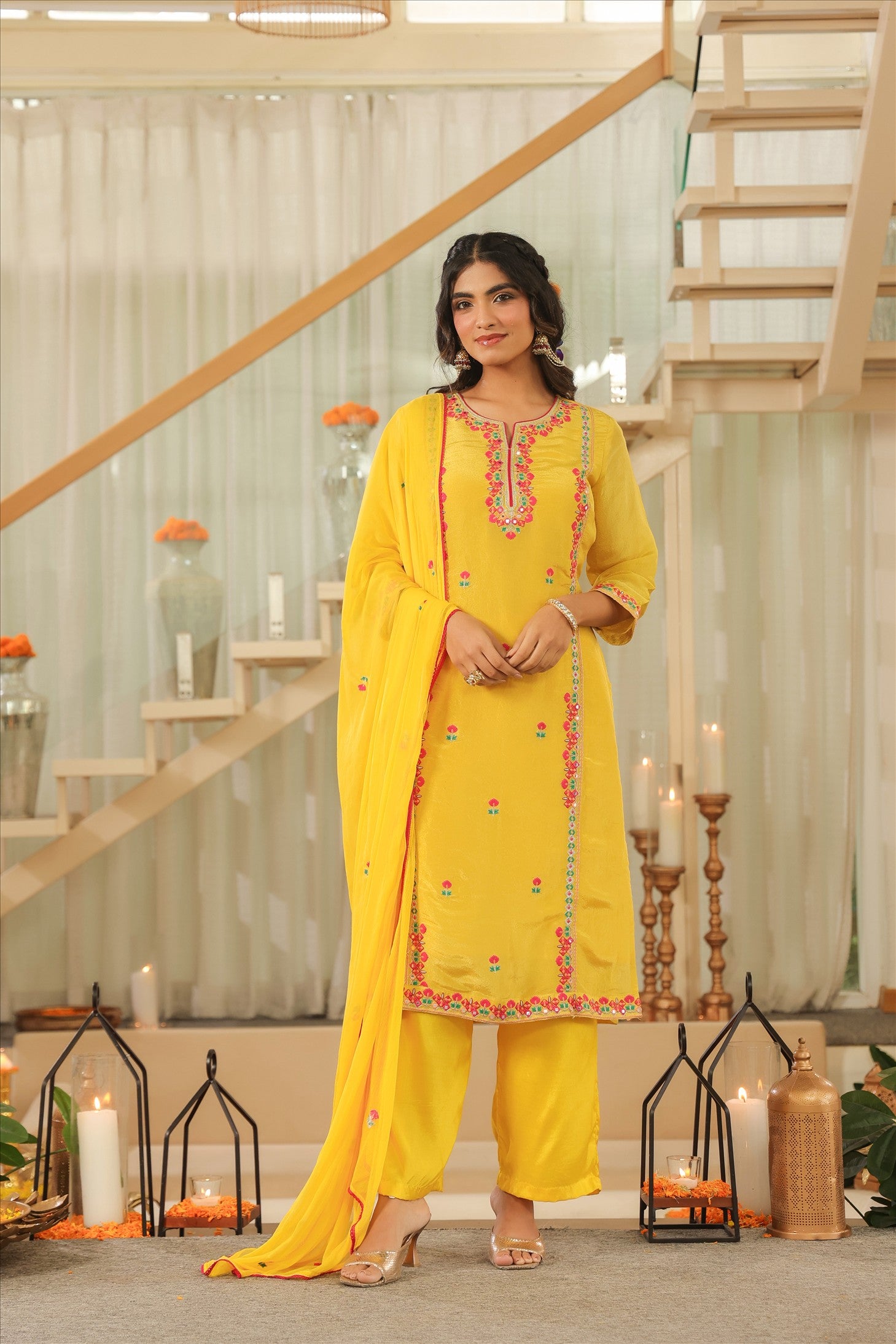 Yellow Shimmer Tissue Embroidered Straight Suit Set