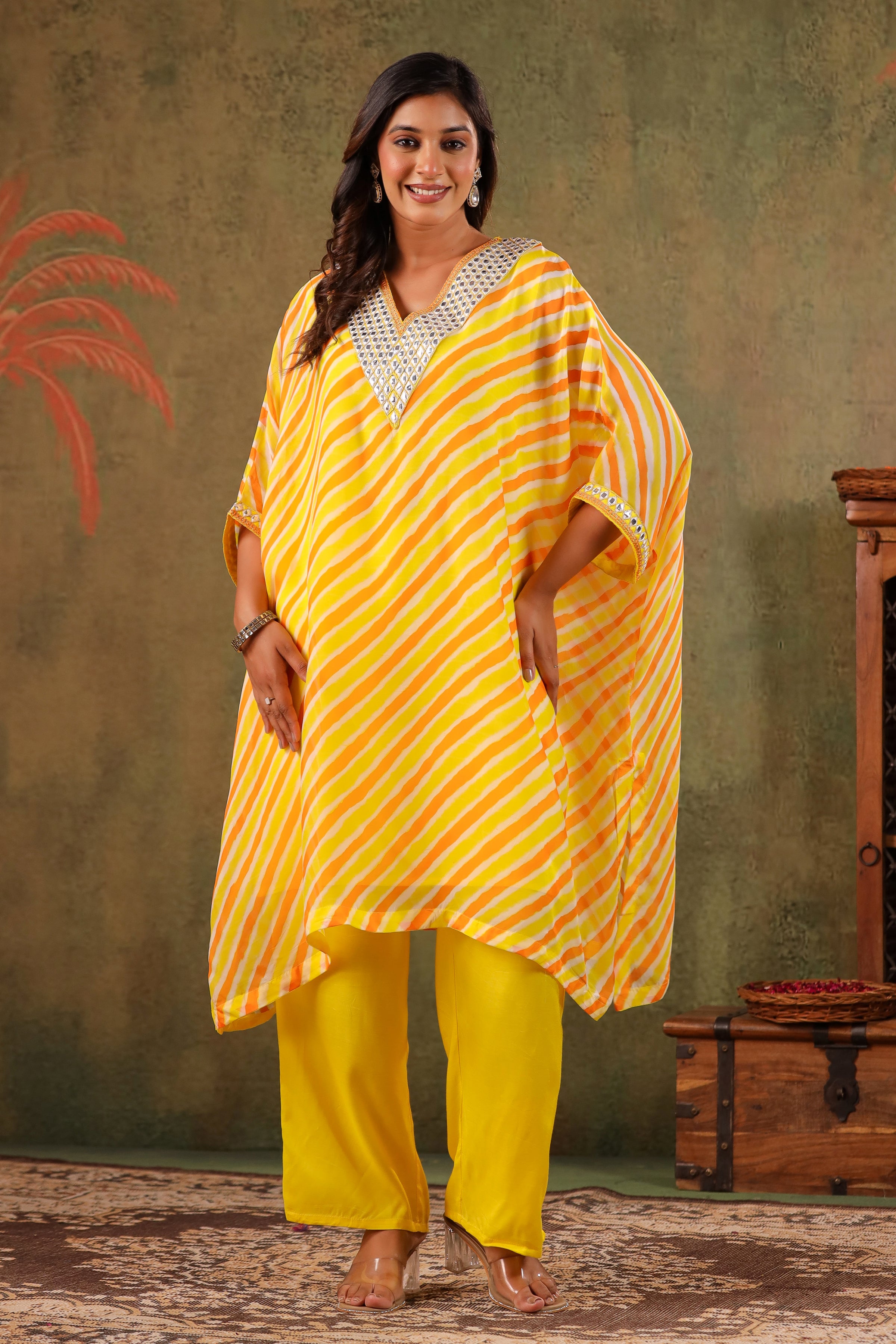 Yellow-Orange Leheriya Organza Silk Mirror-Work Kaftan Set