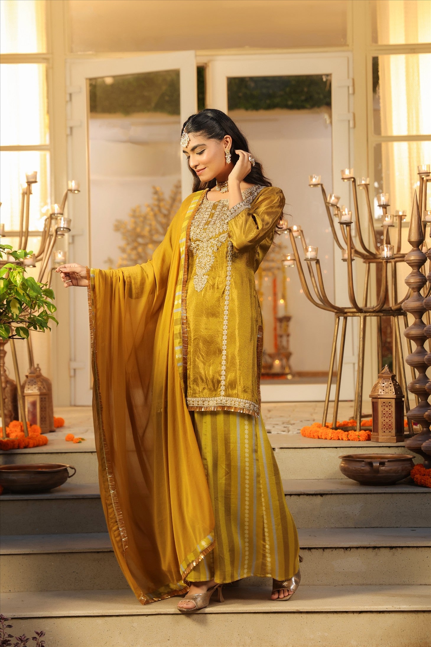 Olive Shimmer Tissue Silk Embroidered Sharara Set