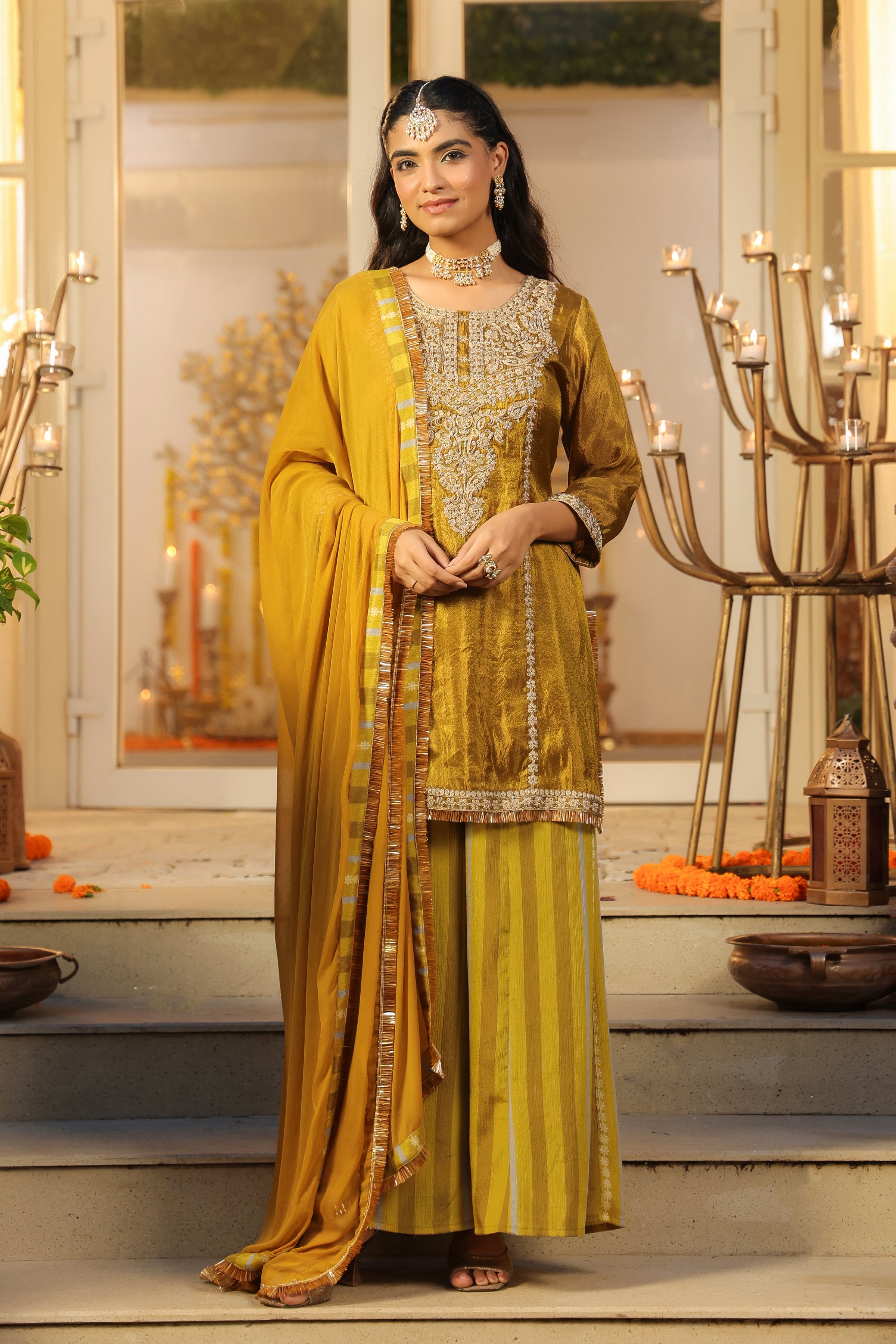 Olive Shimmer Tissue Silk Embroidered Sharara Set