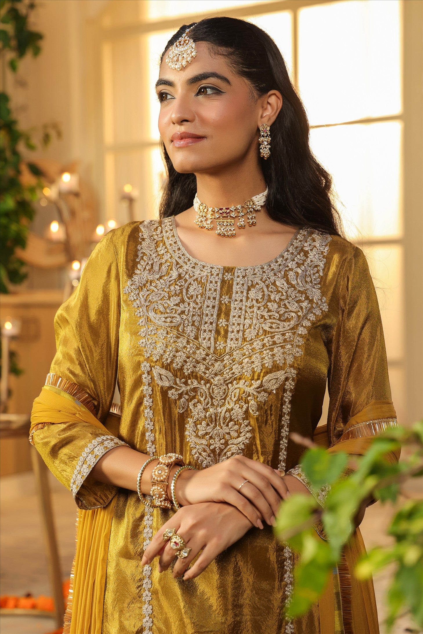 Olive Shimmer Tissue Silk Embroidered Sharara Set