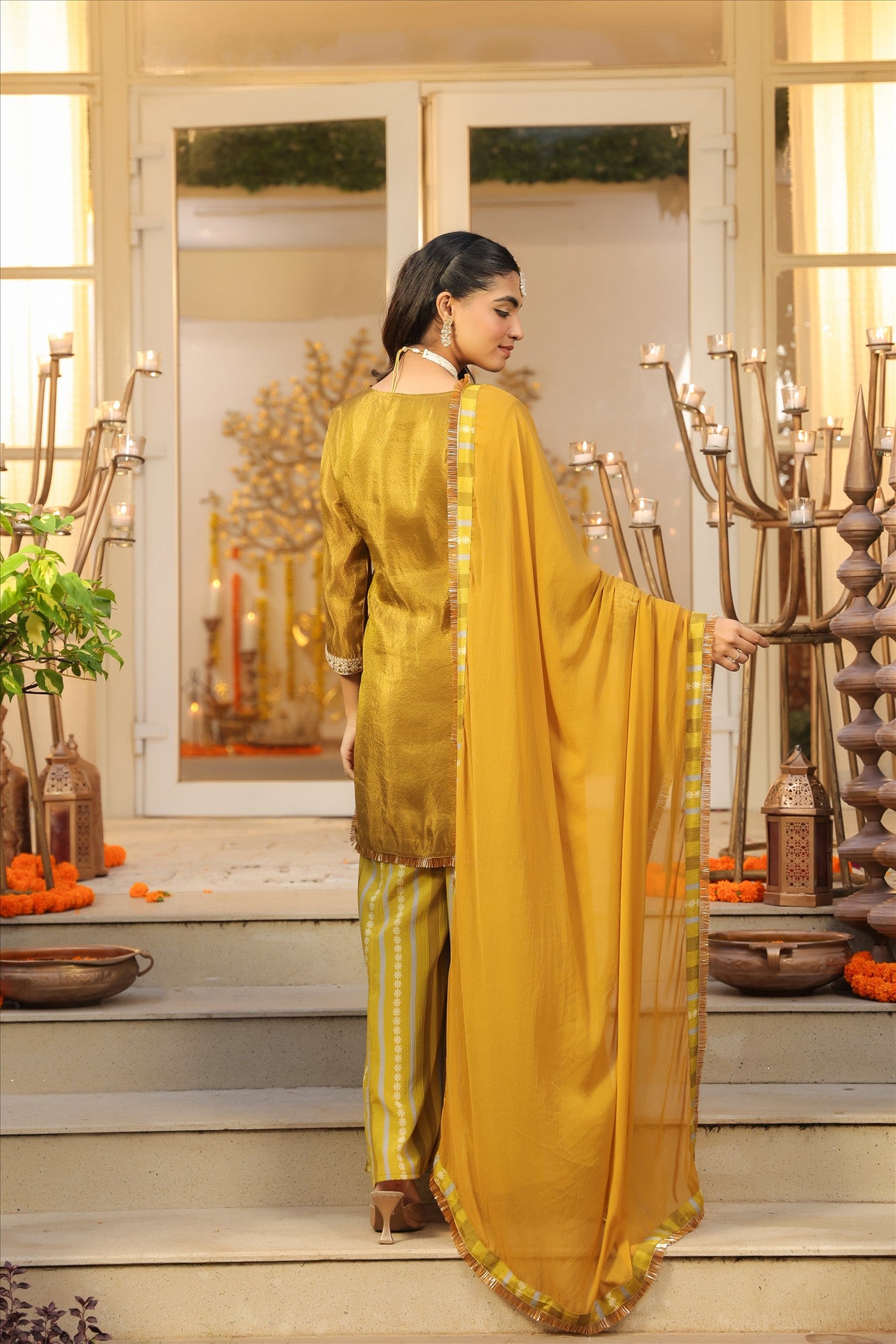 Olive Shimmer Tissue Silk Embroidered Sharara Set