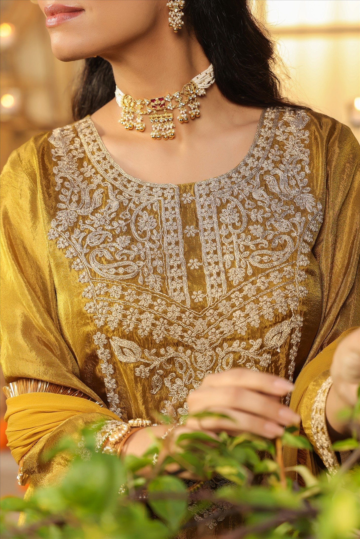 Olive Shimmer Tissue Silk Embroidered Sharara Set