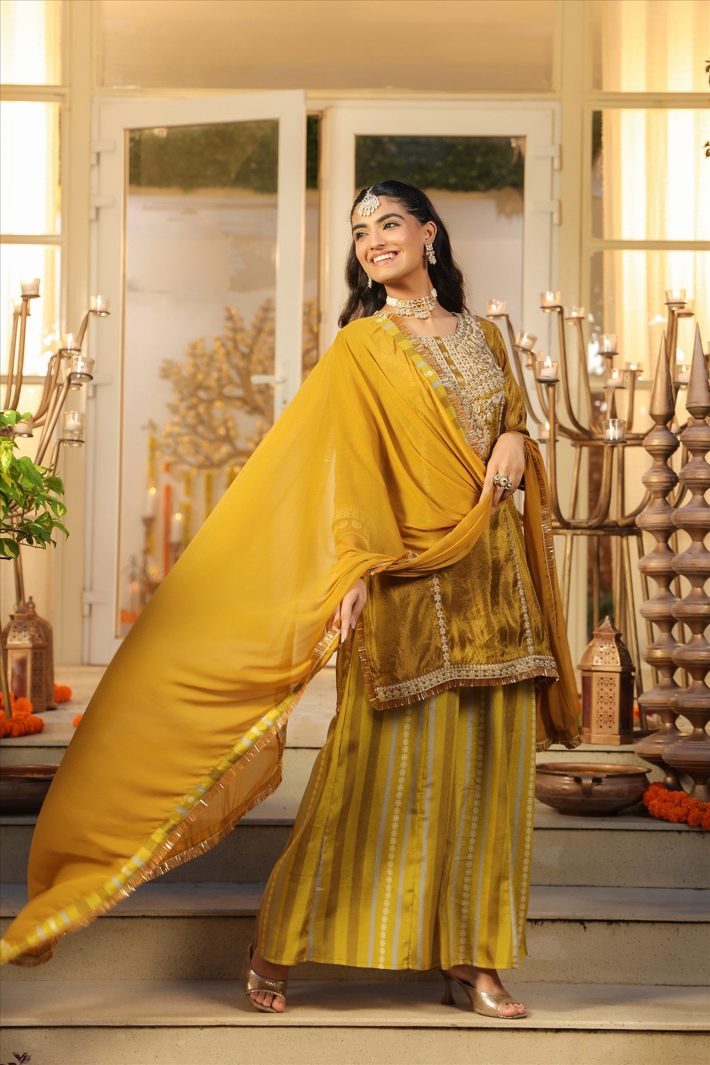 Olive Shimmer Tissue Silk Embroidered Sharara Set