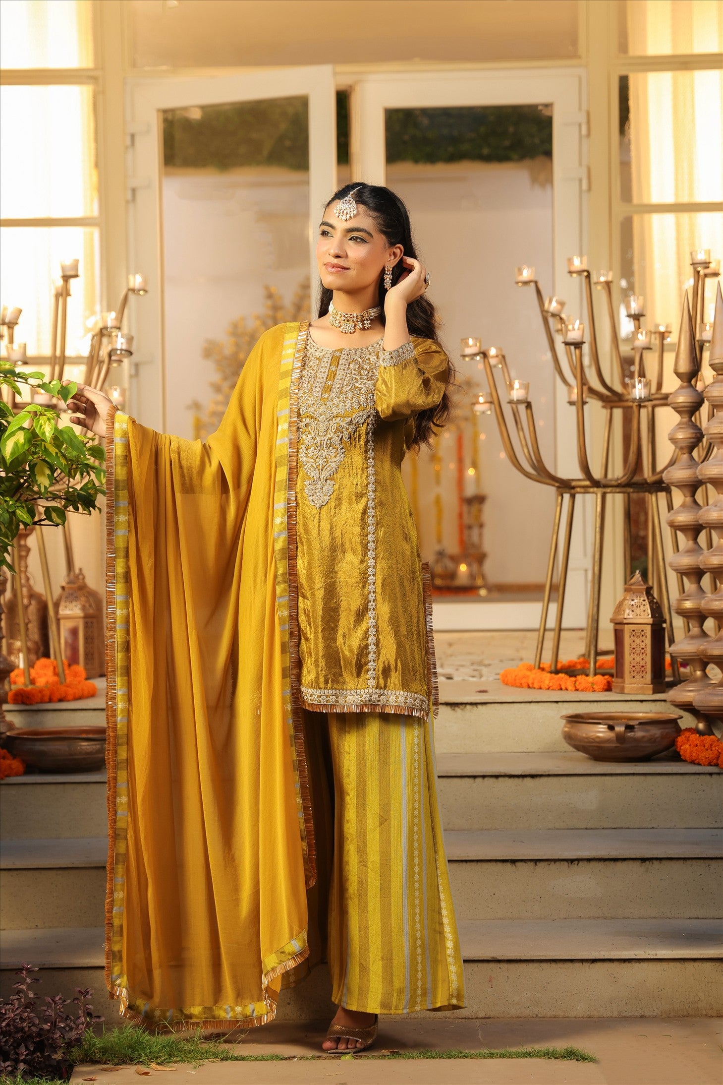 Olive Shimmer Tissue Silk Embroidered Sharara Set