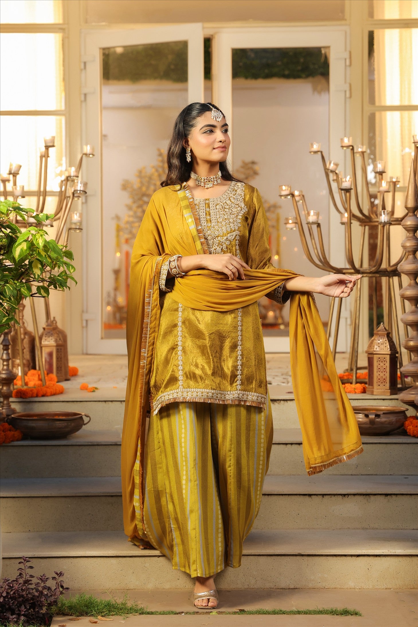 Olive Shimmer Tissue Silk Embroidered Sharara Set