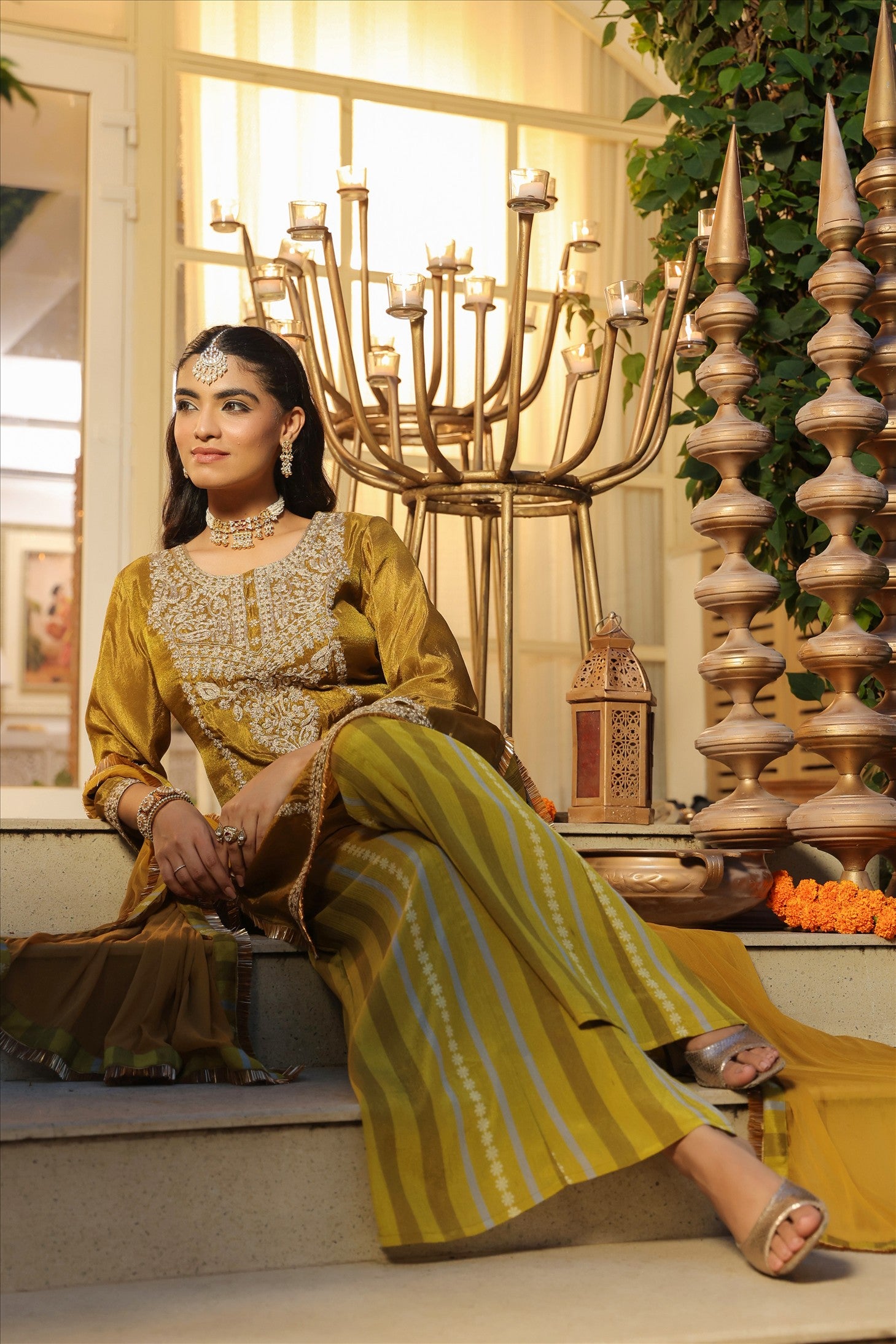 Olive Shimmer Tissue Silk Embroidered Sharara Set