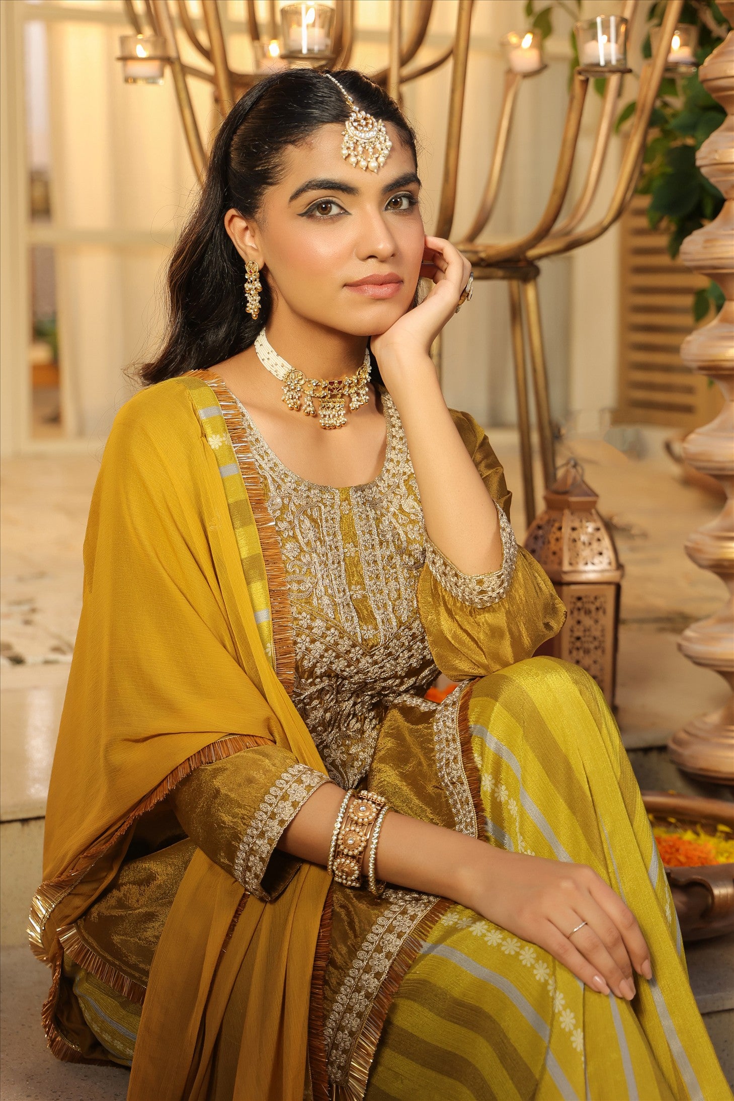 Olive Shimmer Tissue Silk Embroidered Sharara Set