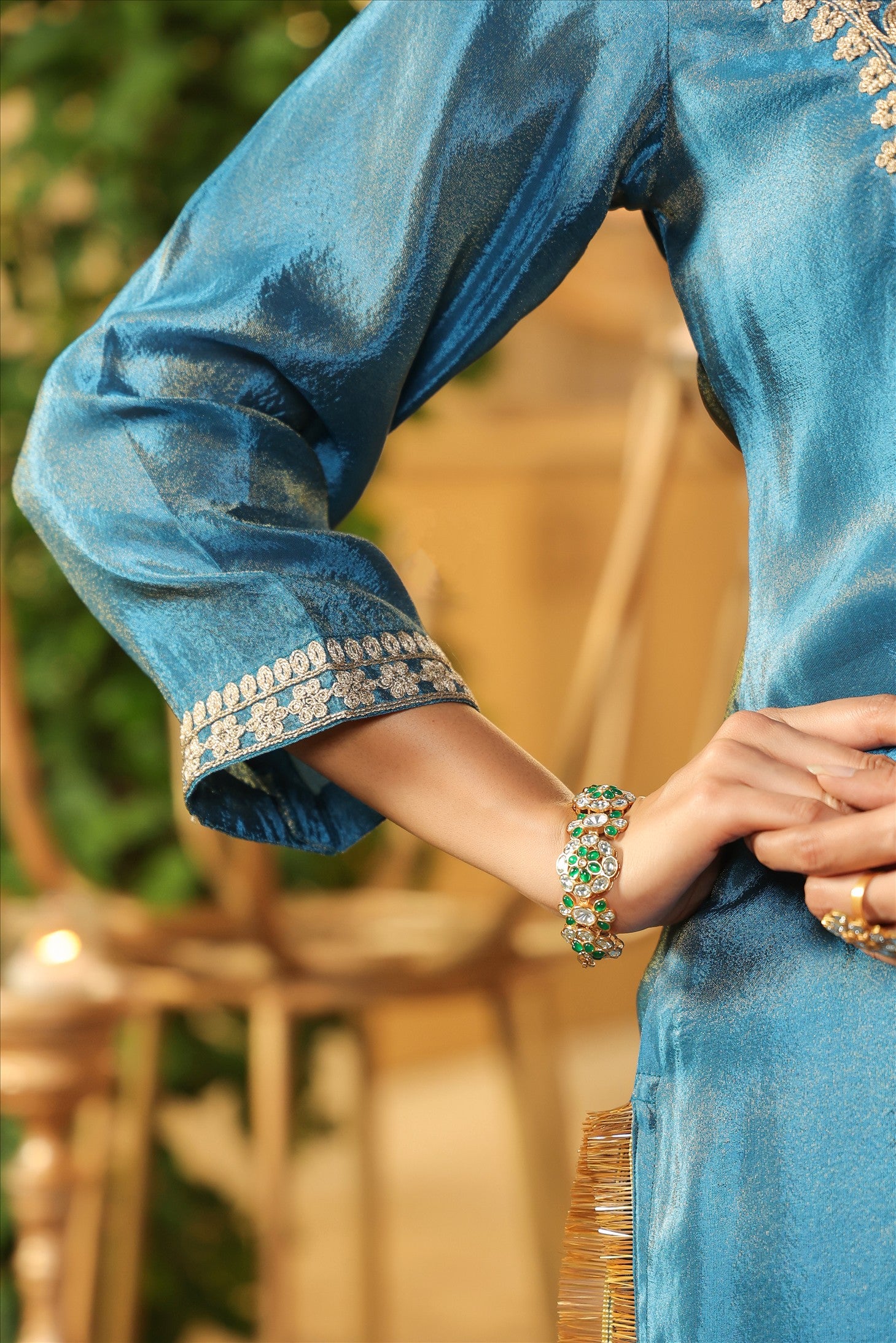 Teal Shimmer Tissue Silk Embroidered Sharara Set