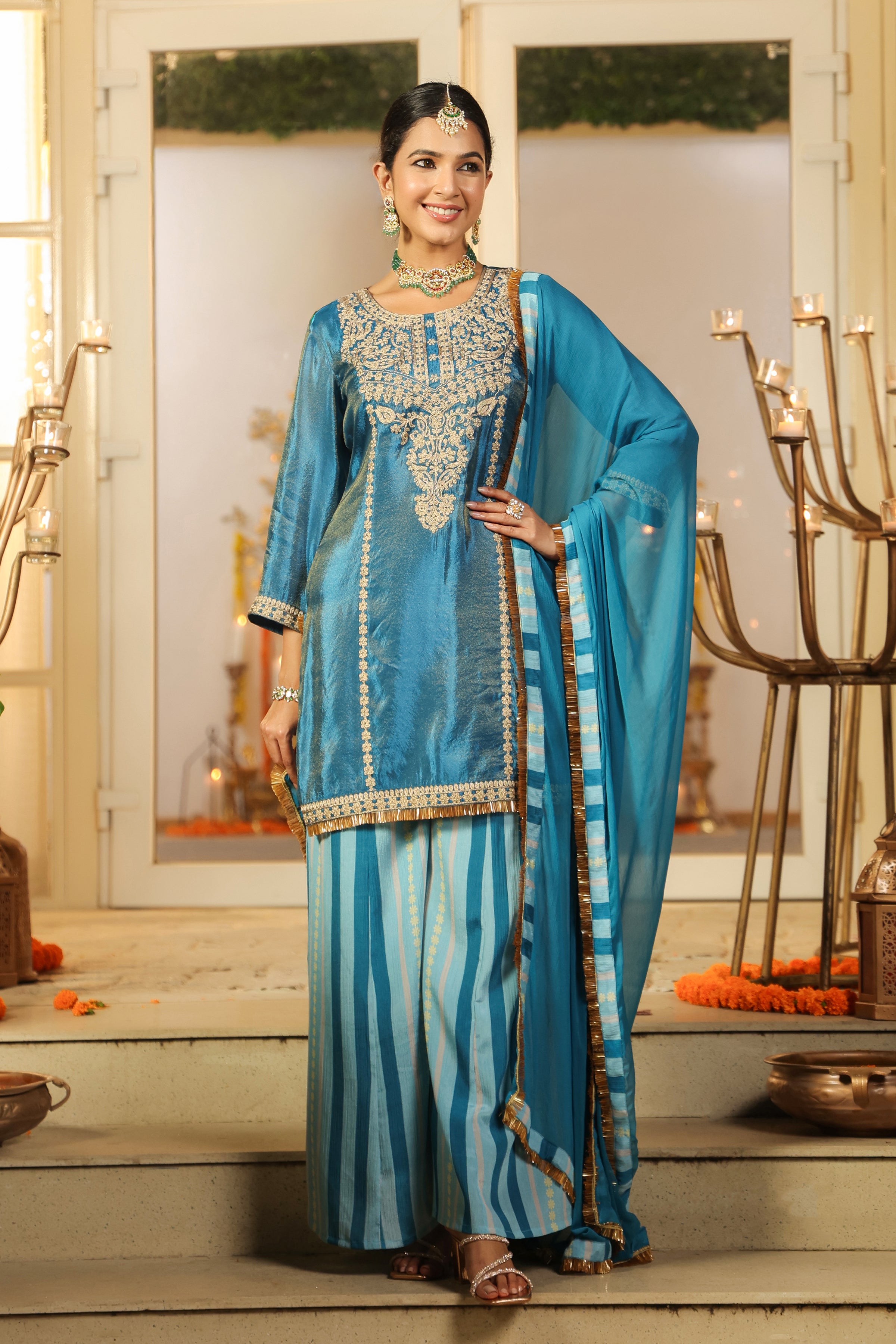 Teal Shimmer Tissue Silk Embroidered Sharara Set