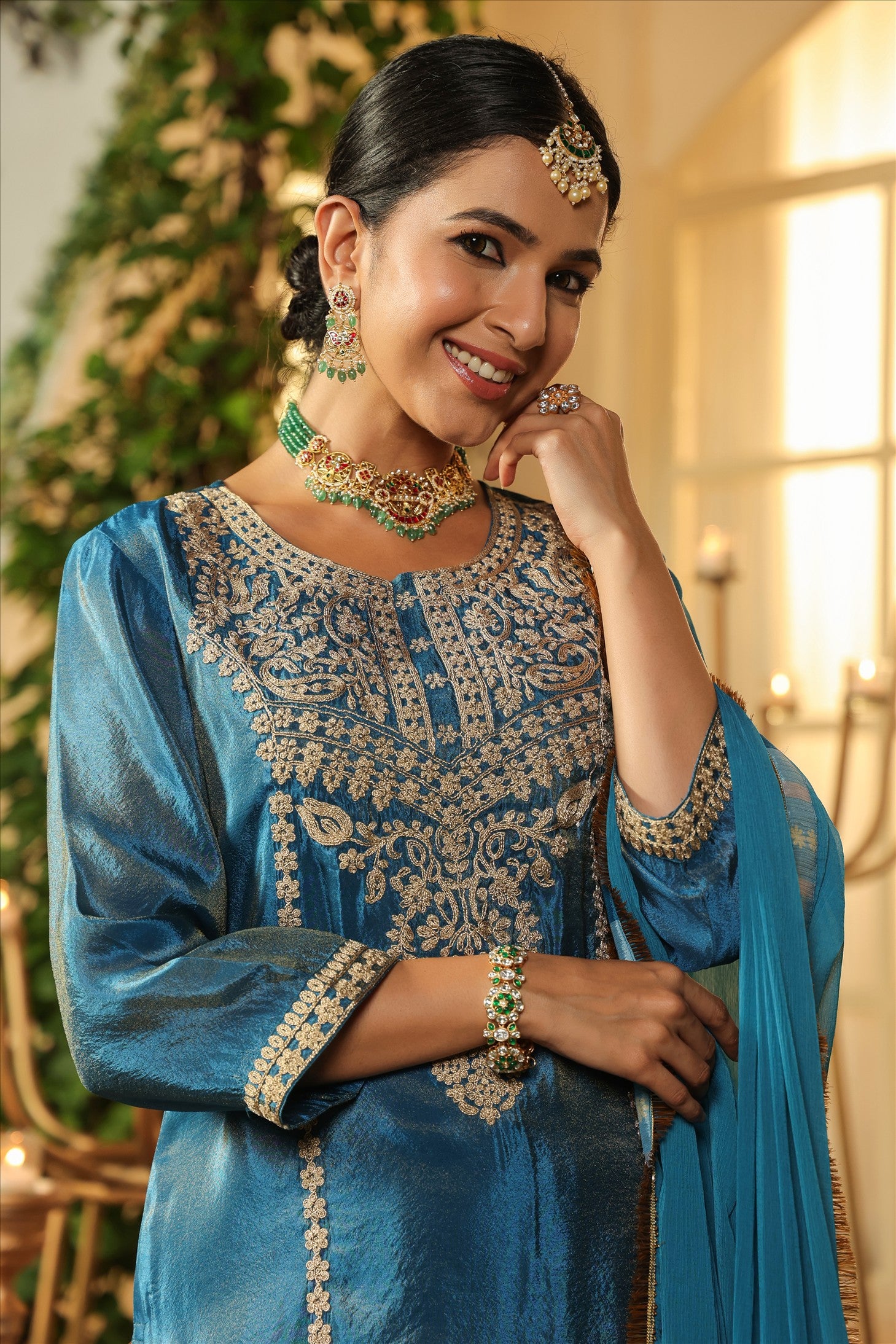 Teal Shimmer Tissue Silk Embroidered Sharara Set