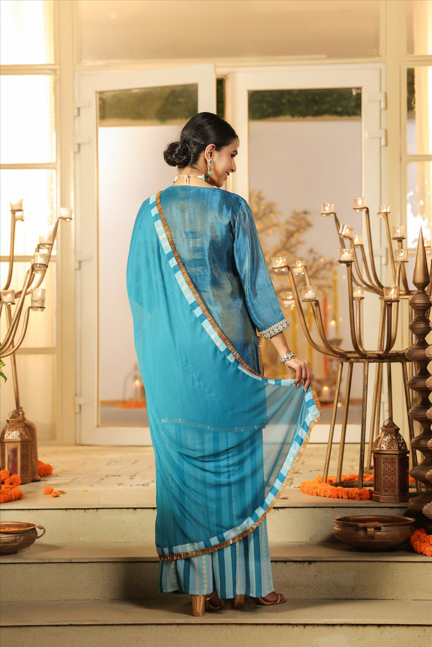 Teal Shimmer Tissue Silk Embroidered Sharara Set