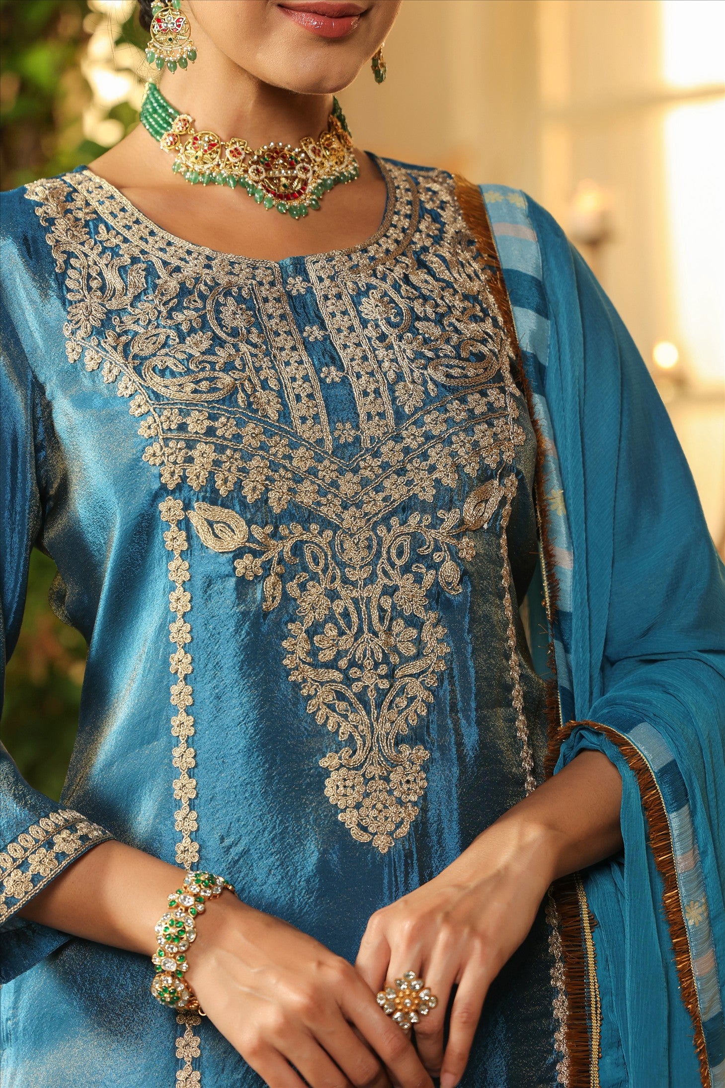 Teal Shimmer Tissue Silk Embroidered Sharara Set