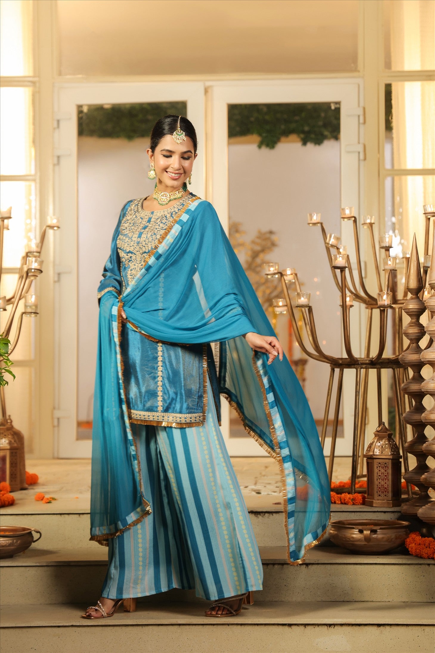Teal Shimmer Tissue Silk Embroidered Sharara Set