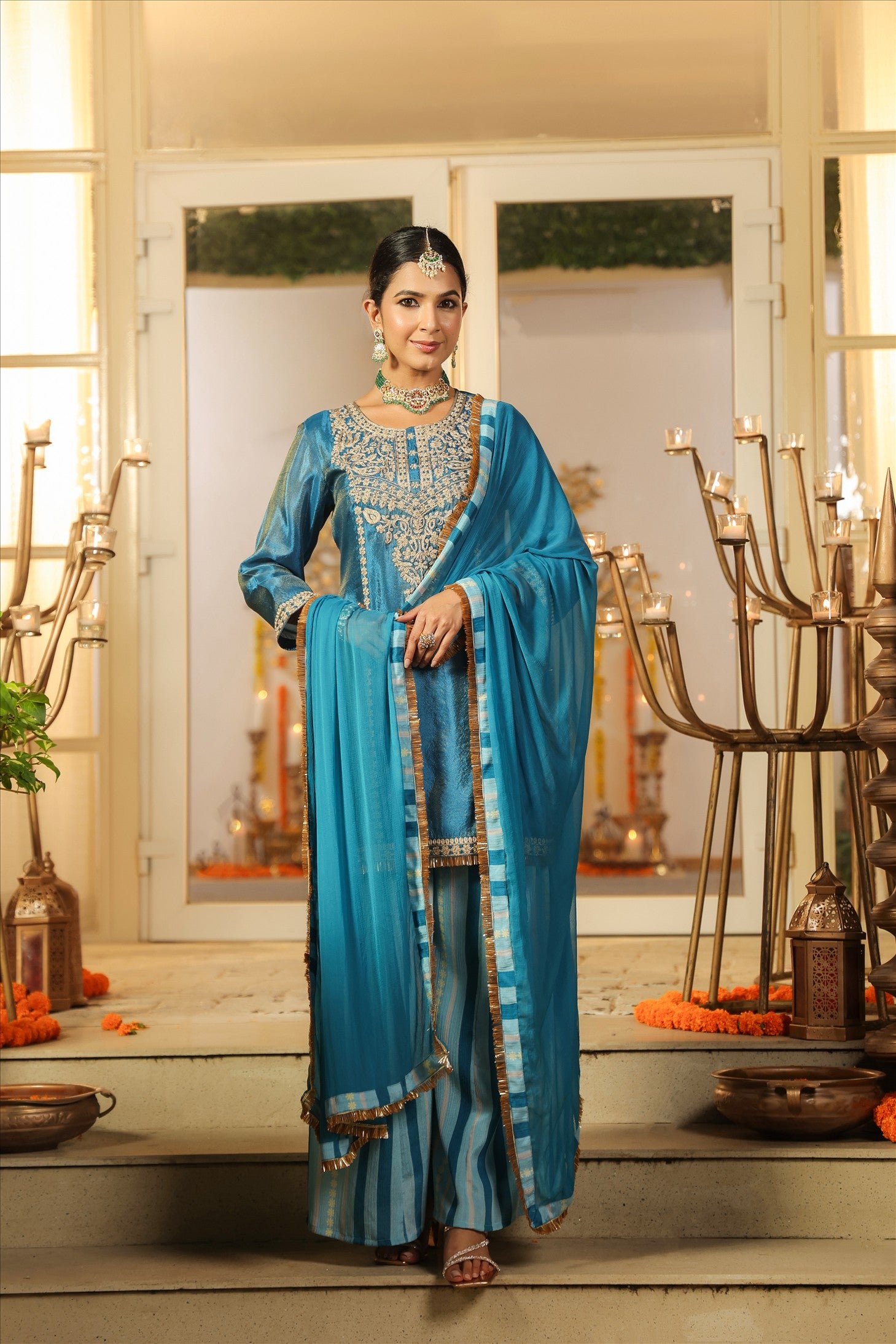 Teal Shimmer Tissue Silk Embroidered Sharara Set