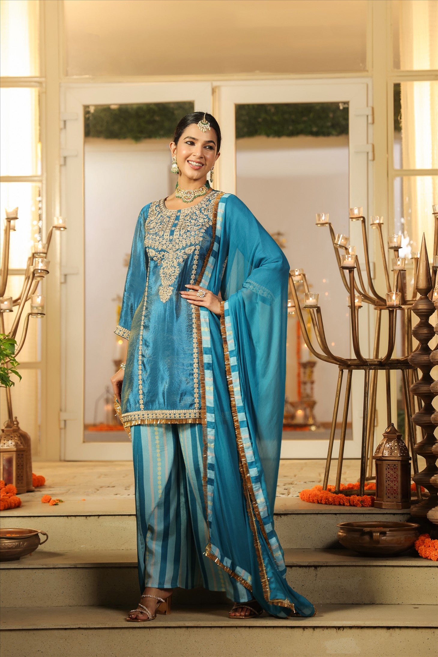 Teal Shimmer Tissue Silk Embroidered Sharara Set